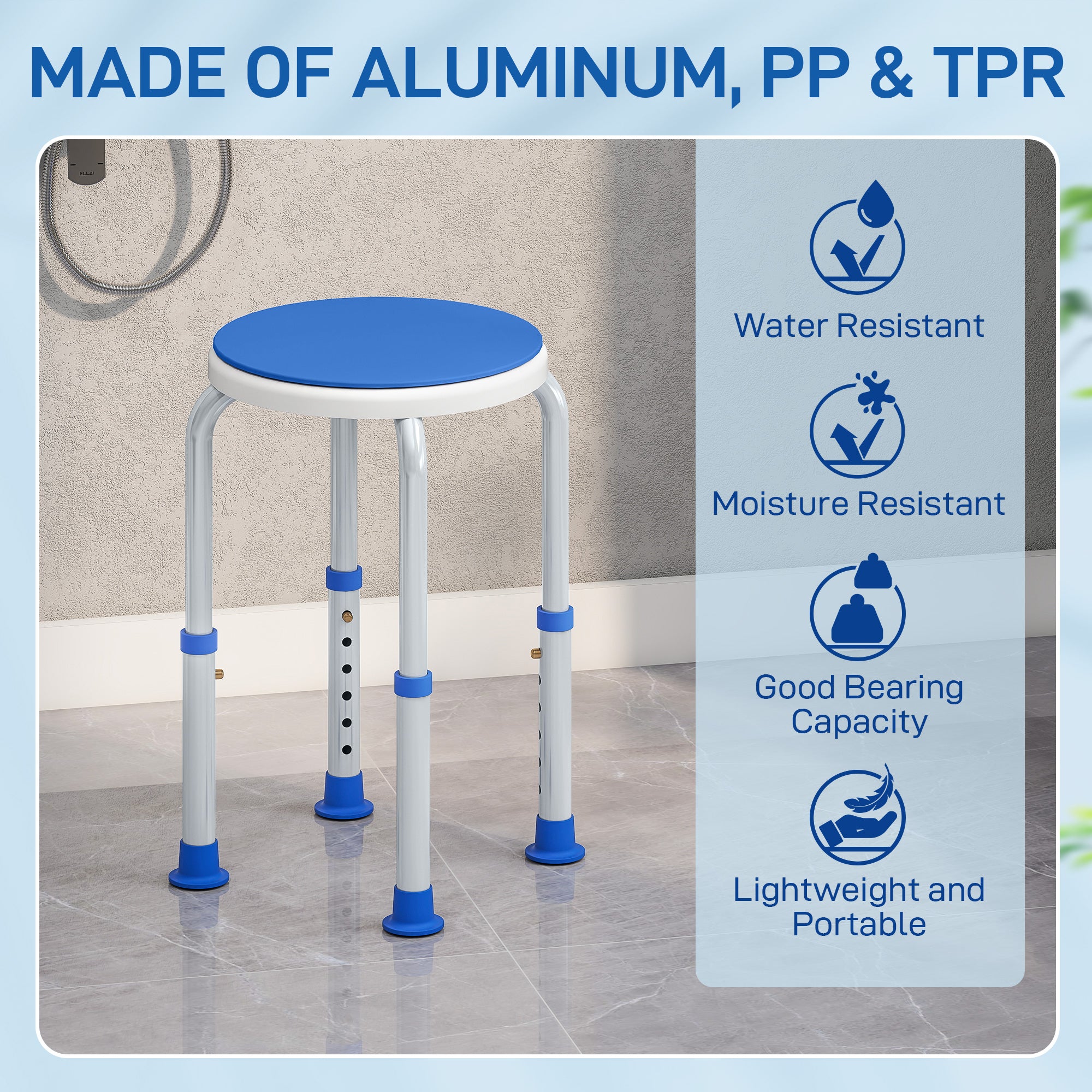 Kozy - 360° Swivel Shower Chair, Height Adjustable Aluminium Shower Stool with Non-Slip Feet for Disabled, Elderly, Blue