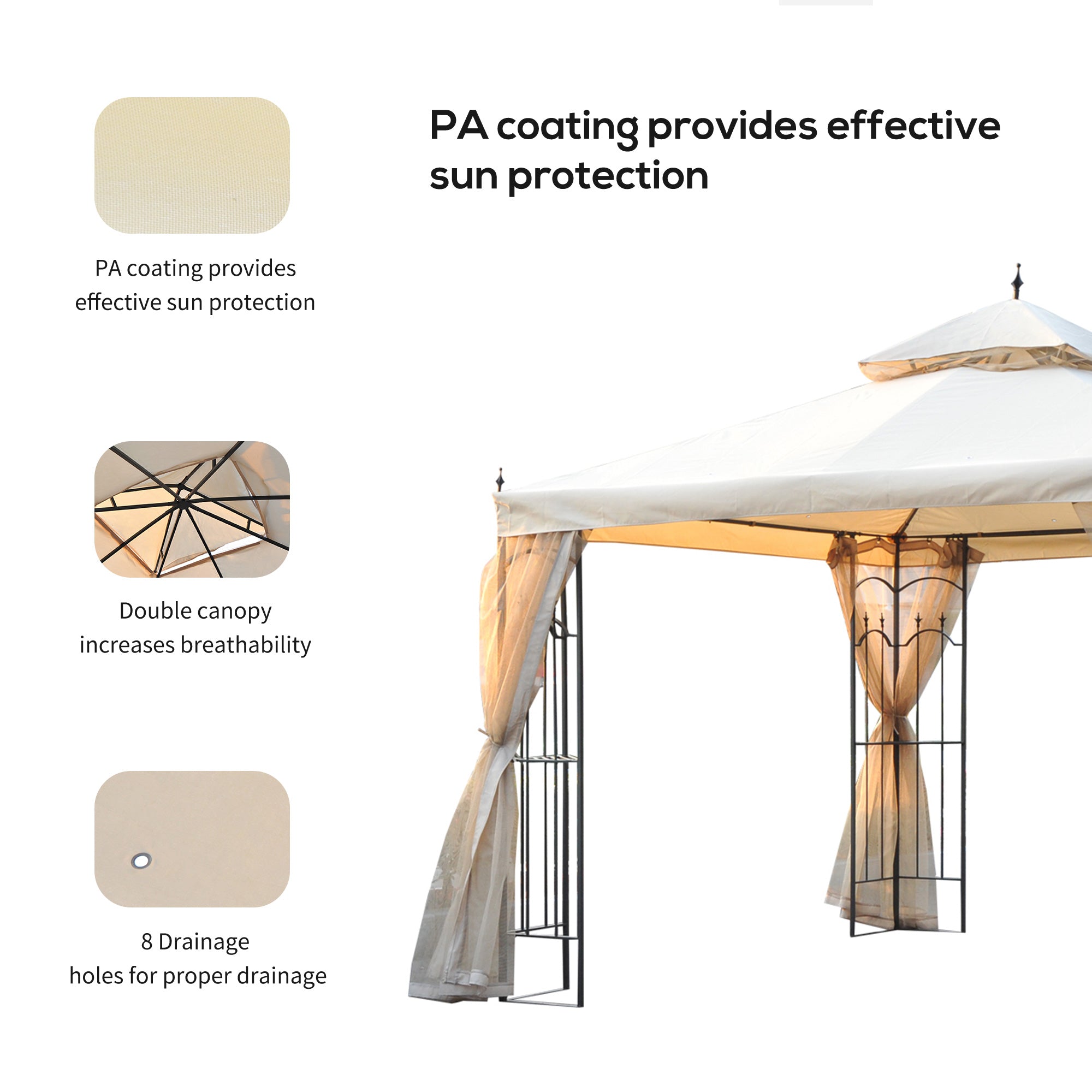 Outsunny Garden Gazebo with Double Top, 300x300cm, Outdoor Canopy Patio Event Party Tent, Backyard Sun Shade, Mesh Curtain, Beige