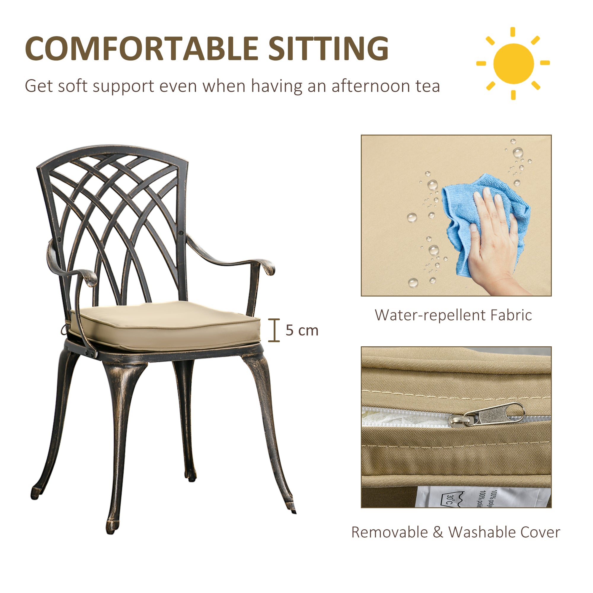 Kozy 3pc Cast Aluminium Garden Bistro Set for 2 with Parasol Hole, Outdoor Coffee Table Set Rust Resistant with Cushions, Bronze