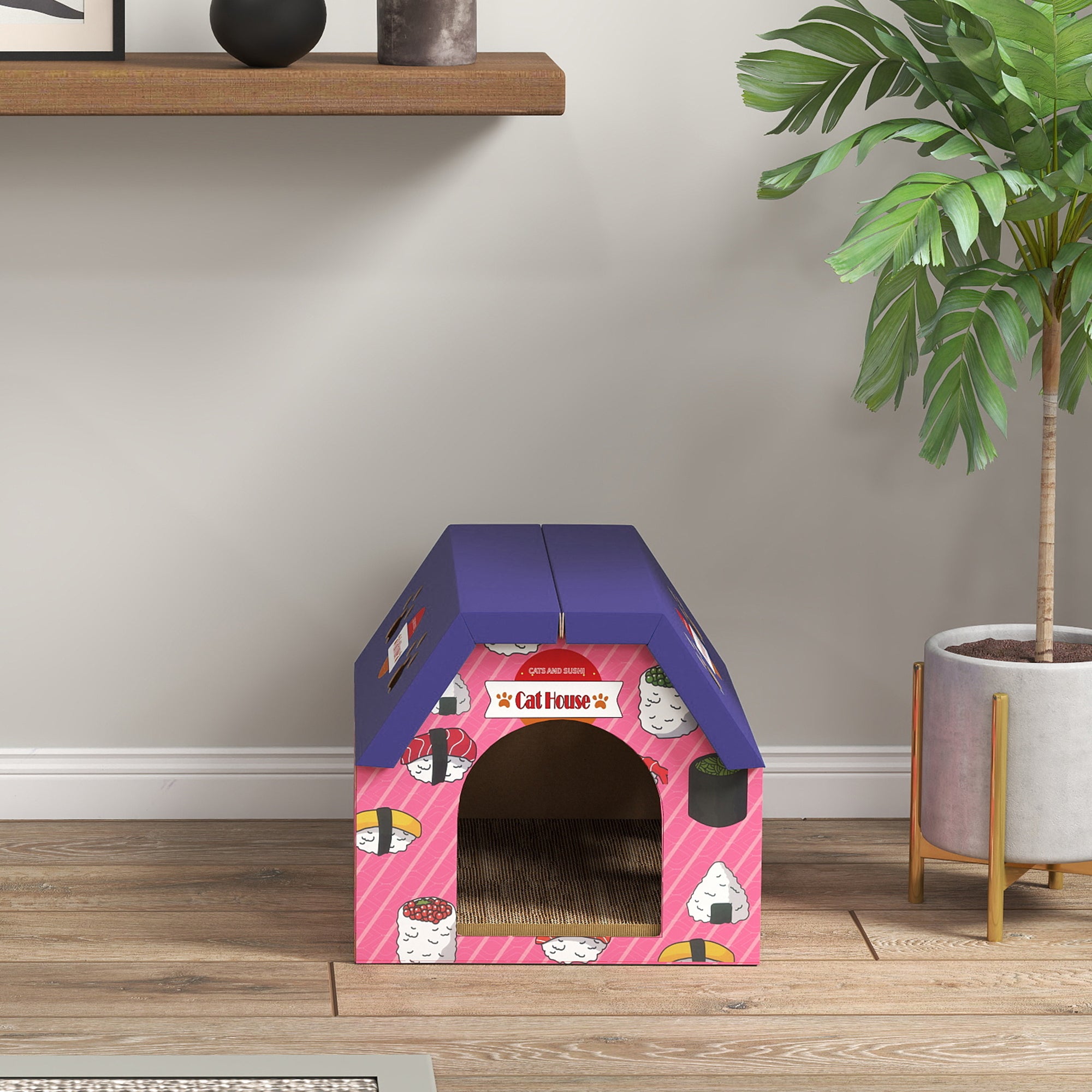 Kozy - Cat Scratching Board, 2-in-1 Cardboard Cat House and Hideaway for Indoor Cats, Pink