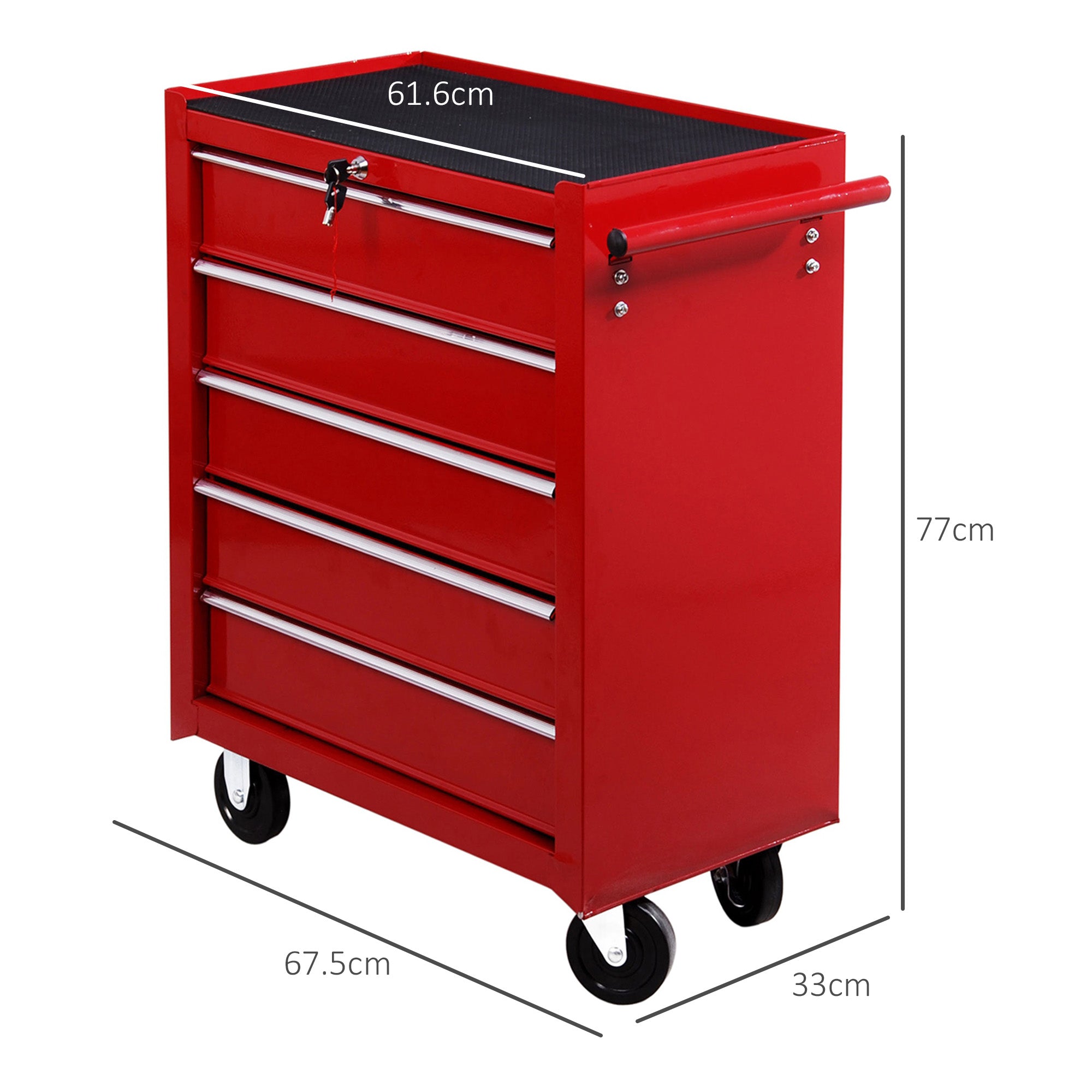 Kozy 5 Drawer Tool Box on Wheels, Lockable Steel Tool Cabinet with Side Handle, Red