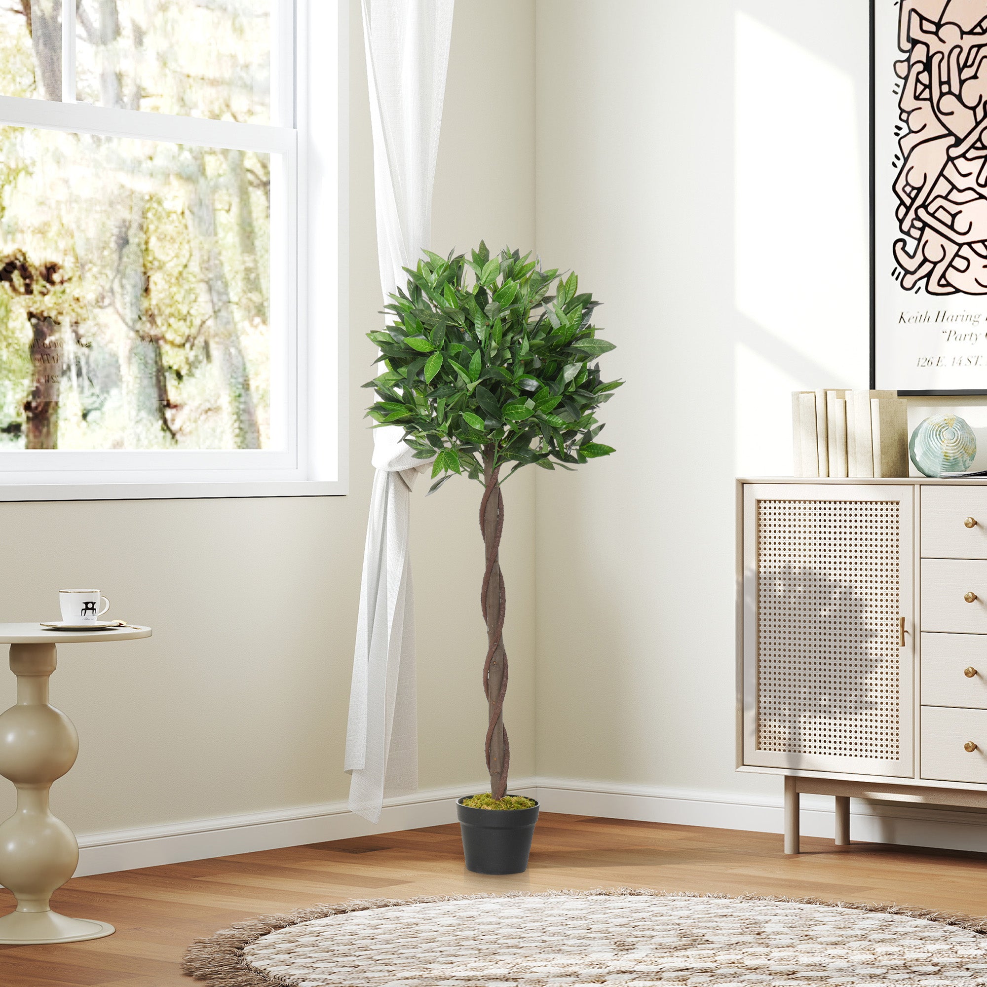 Kozy Artificial Bay Laurel Topiary Trees w/ Pot Fake, Set Of 2 120cm/4FT Indoor Greenery Plant Home Office Garden Decor Green