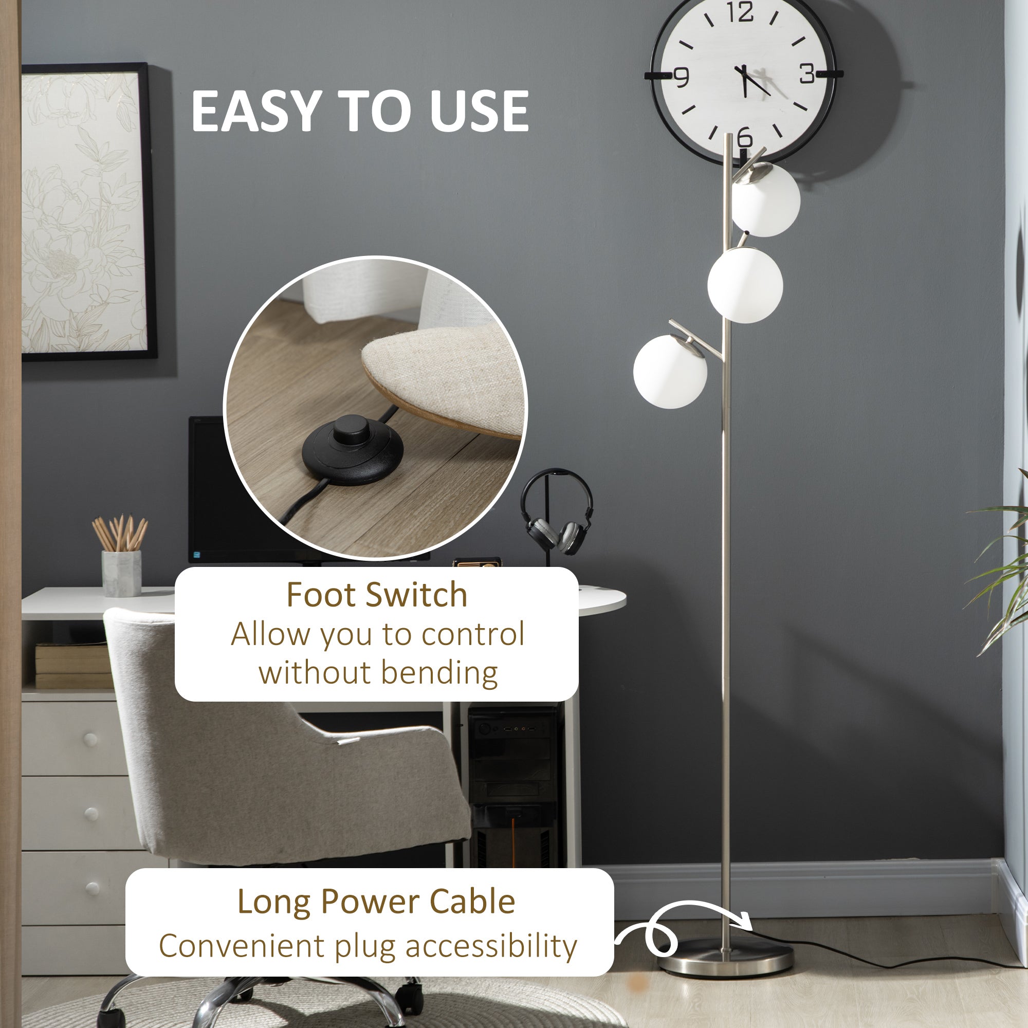 Kozy 3-Light Tree Floor Lamps for Living Room, Modern Standing Lamp for Bedroom with Globe Lampshade, Steel Base, Bulb not Included, Silver Tone