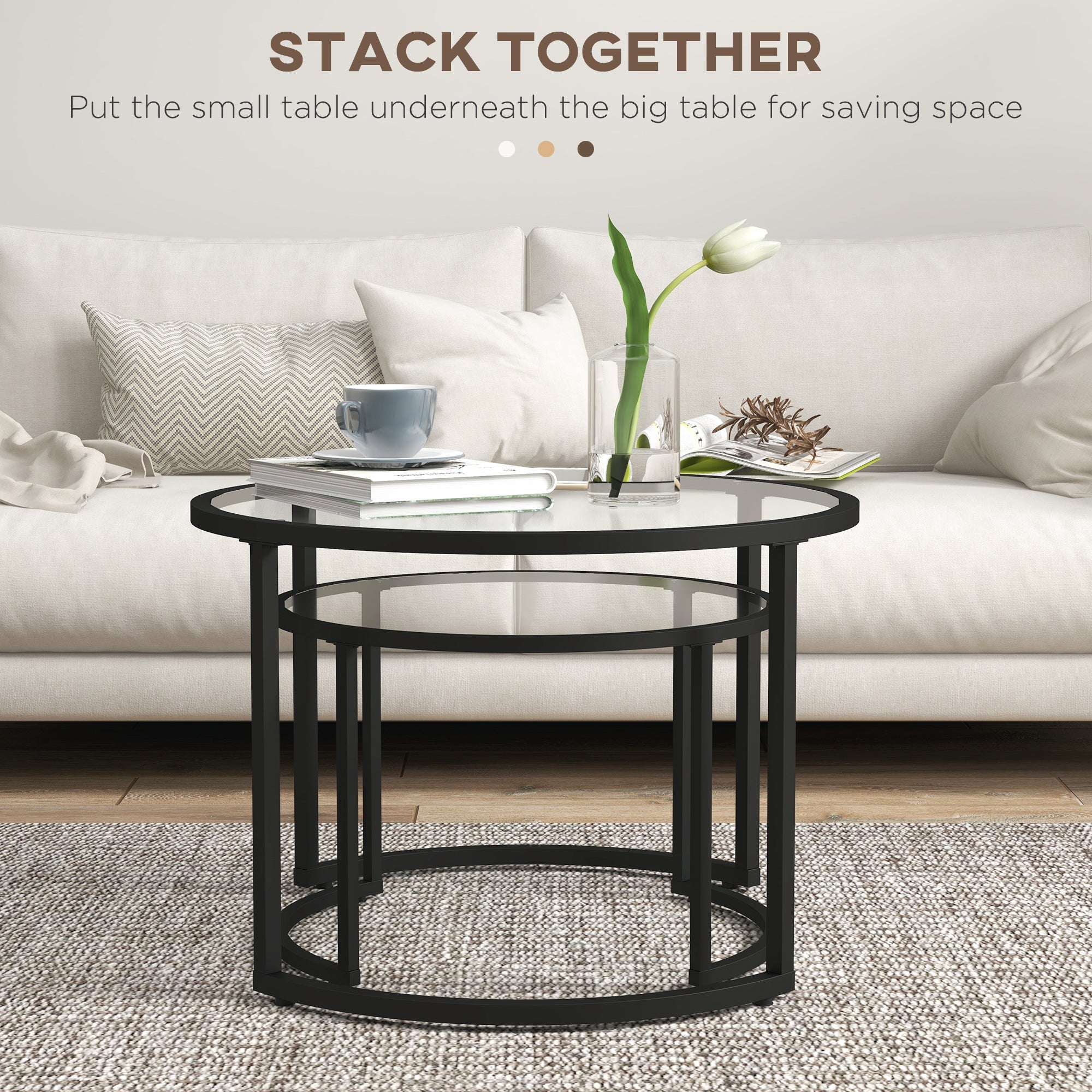 HOMCOM Glass Coffee Table Set of 2, Round Nest of Tables w/ Tempered Glass Tabletop, Steel Frame, Modern Side Tables for Living Room, Black | Aosom UK