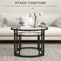 HOMCOM Glass Coffee Table Set of 2, Round Nest of Tables w/ Tempered Glass Tabletop, Steel Frame, Modern Side Tables for Living Room, Black | Aosom UK