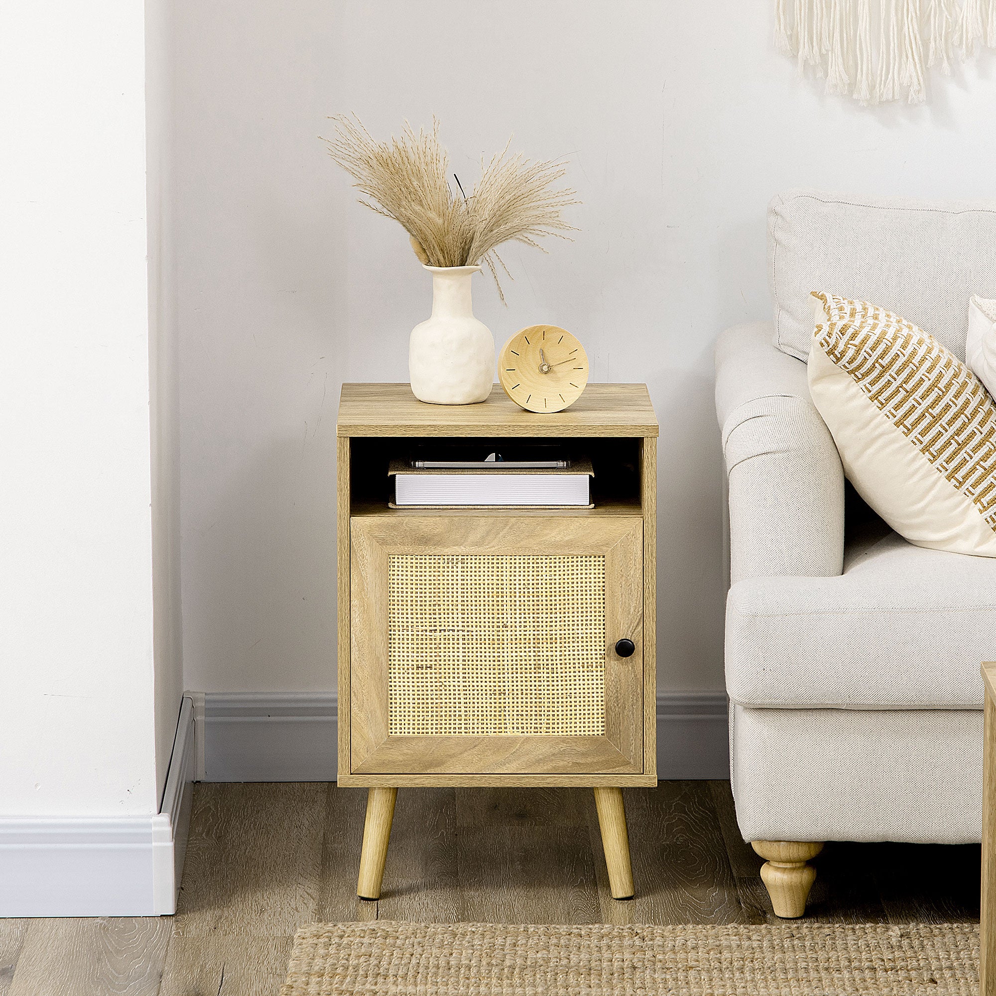 Kozy Bedside Table with Rattan Element, Side End Table with Shelf and Cupboard, 39cmx35cmx60cm, Natural