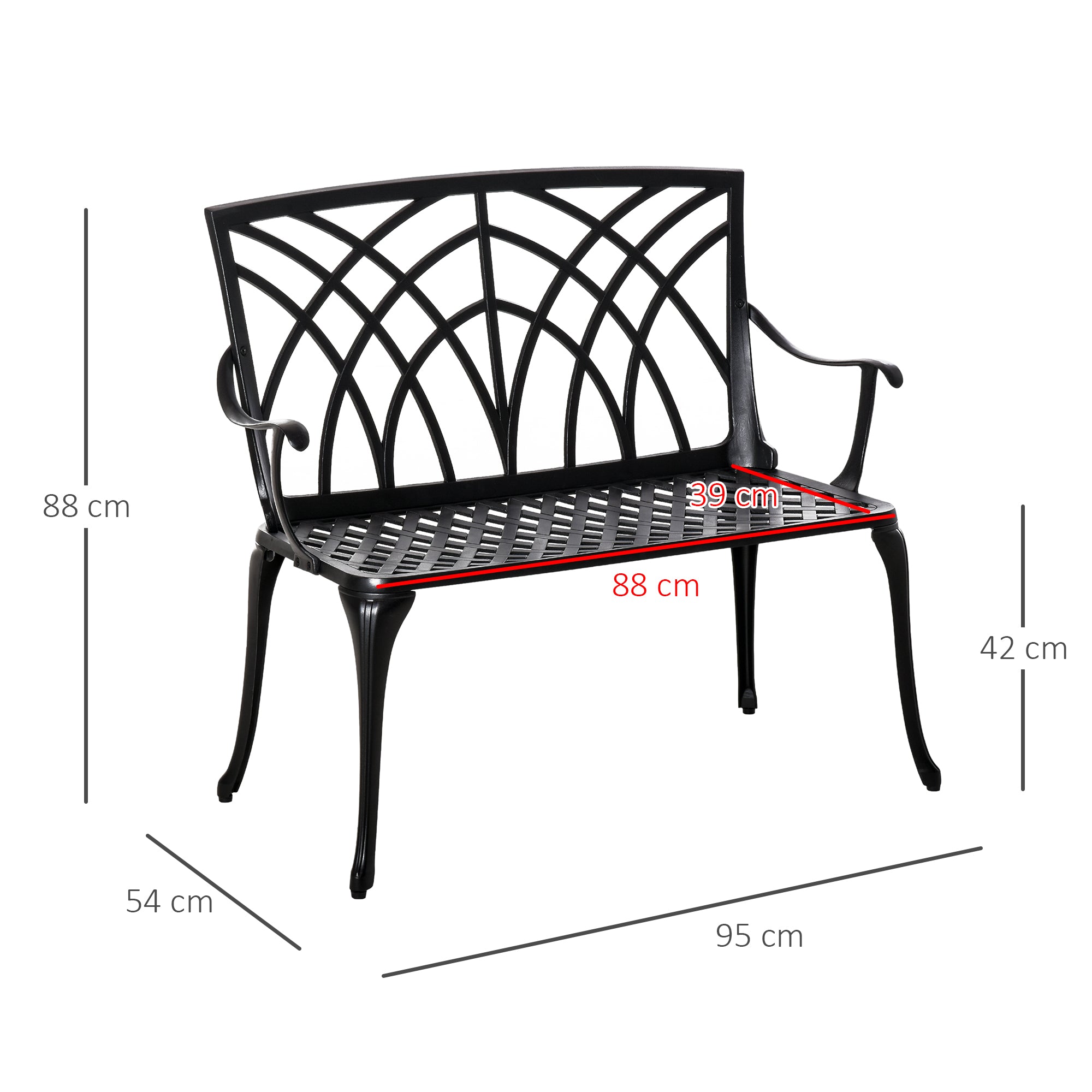 Kozy 2-Seater Cast Aluminium Garden Bench Loveseat Outdoor Furniture Chair w/ Decorative Backrest & Ergonomic Armrest for Patio Terrace Porch