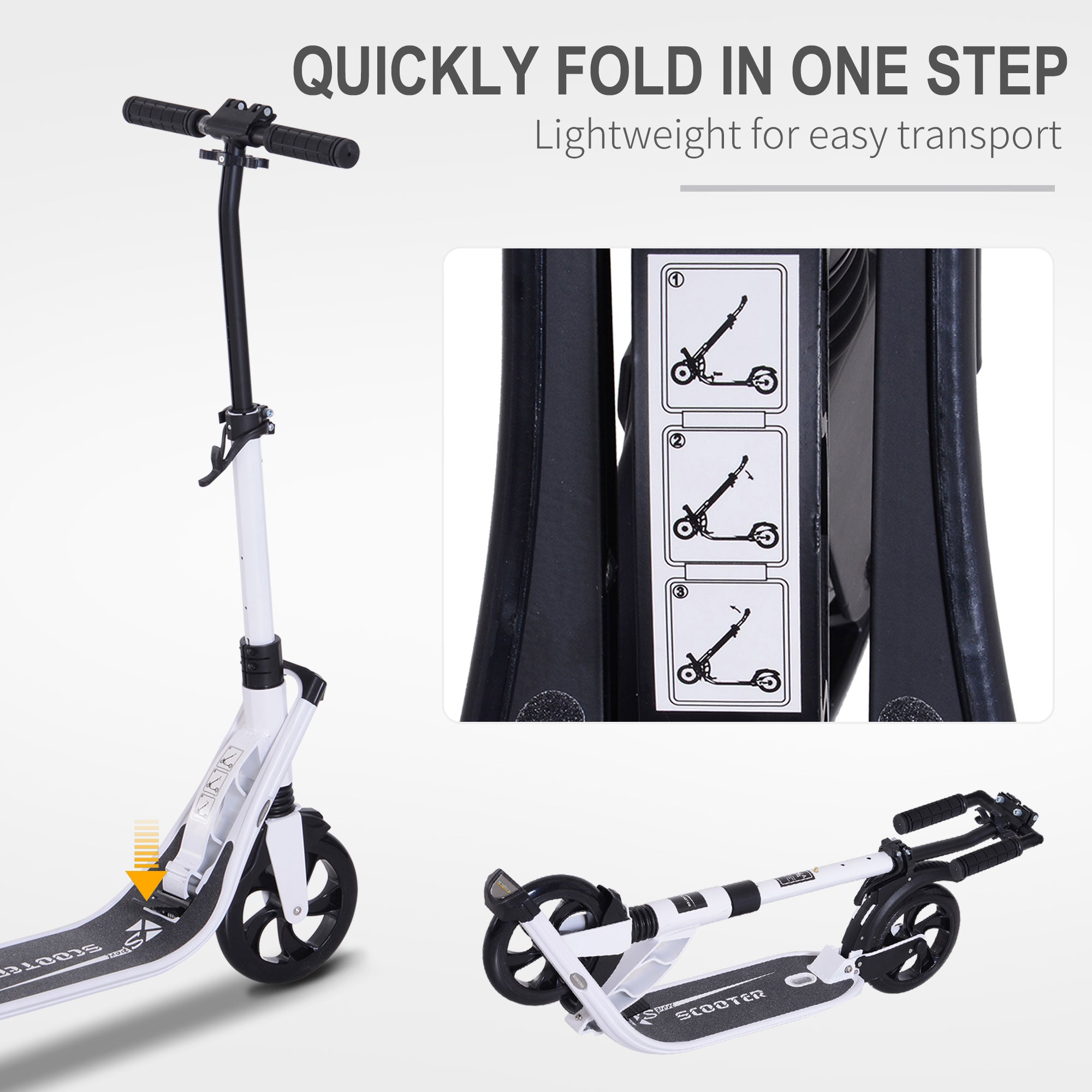 Kozy Folding Kick Scooter Hight-Adjustable Urban Scooter w/ Rear Brake, Double Shock Absorption System & 2 Big Wheels, For 14+ Teens Adult, White