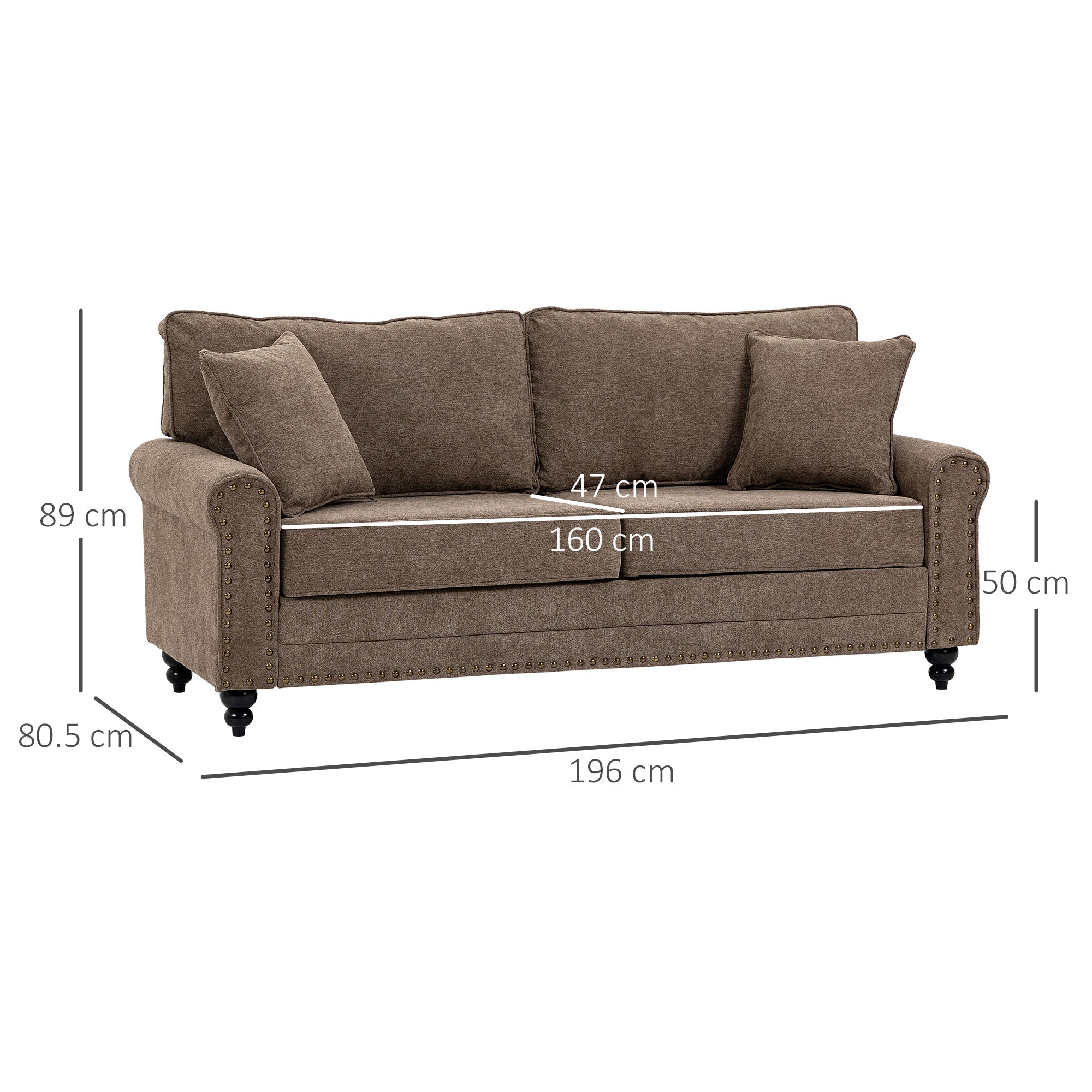 Kozy 196cm 3 Seater Sofa, Fabric Sofa with Rubber Wood Legs, Nailhead Trim, 2 Pillows, Small Upholstered Couch Settee for Living Room, Guest Room, Brown