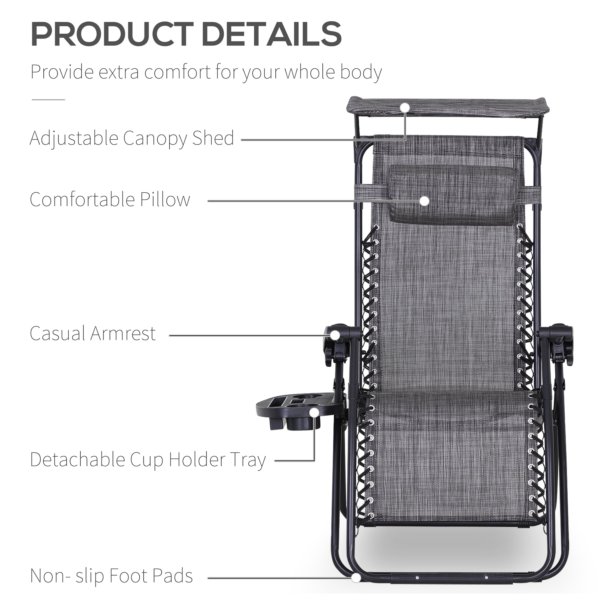 Outsunny Zero Gravity Chair, Folding Deck Chair with Cup Holder and Sunshade, Reclining Patio Sun Lounger, Grey