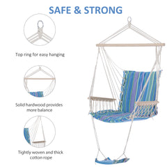 Outsunny Garden Yard Patio Swing Seat, Outdoor Hammock Hanging Rope Chair, Wooden with Footrest Armrest, Cotton Cloth, Blue