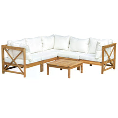 Outsunny 6pcs Patio Furniture Set Garden Sofa Set 1 Coffee Table Suitable with Cushions for Balcony Poolside Acacia Wood Cream White | Aosom UK