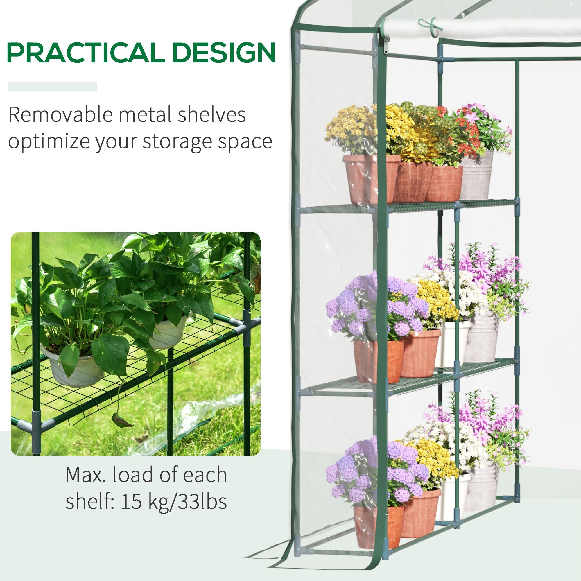 Kozy Walk in Greenhouse with 3-Tier 8 Shelves, Green House with Hemmed Cover, Roll-up Zipped Door, Steel Frame, 143 x 143 x 195cm