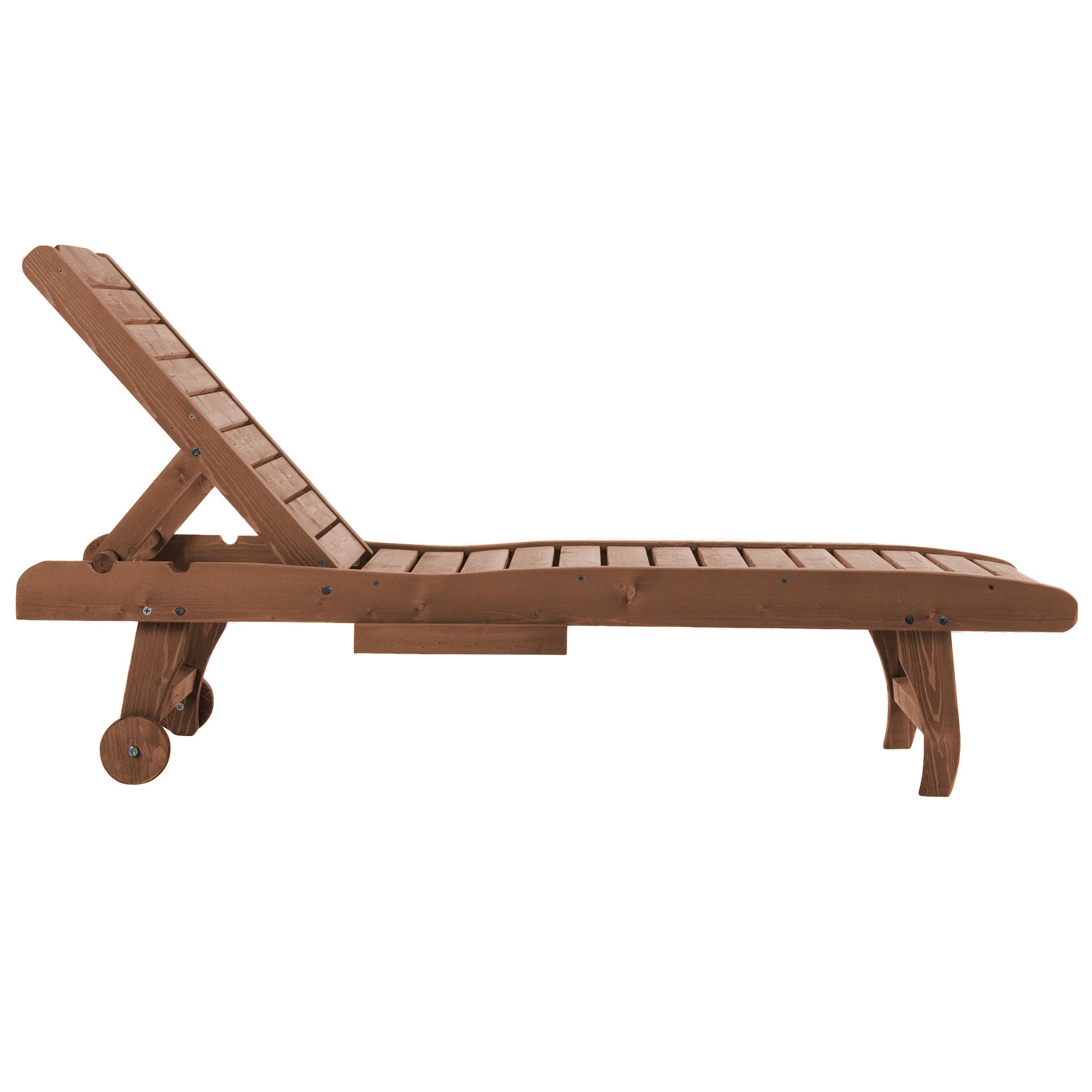 Kozy Outdoor Wooden Lounger Chair, Sun Bed with Built-In Table, Adjustable Backrest and Wheels, Red Brown