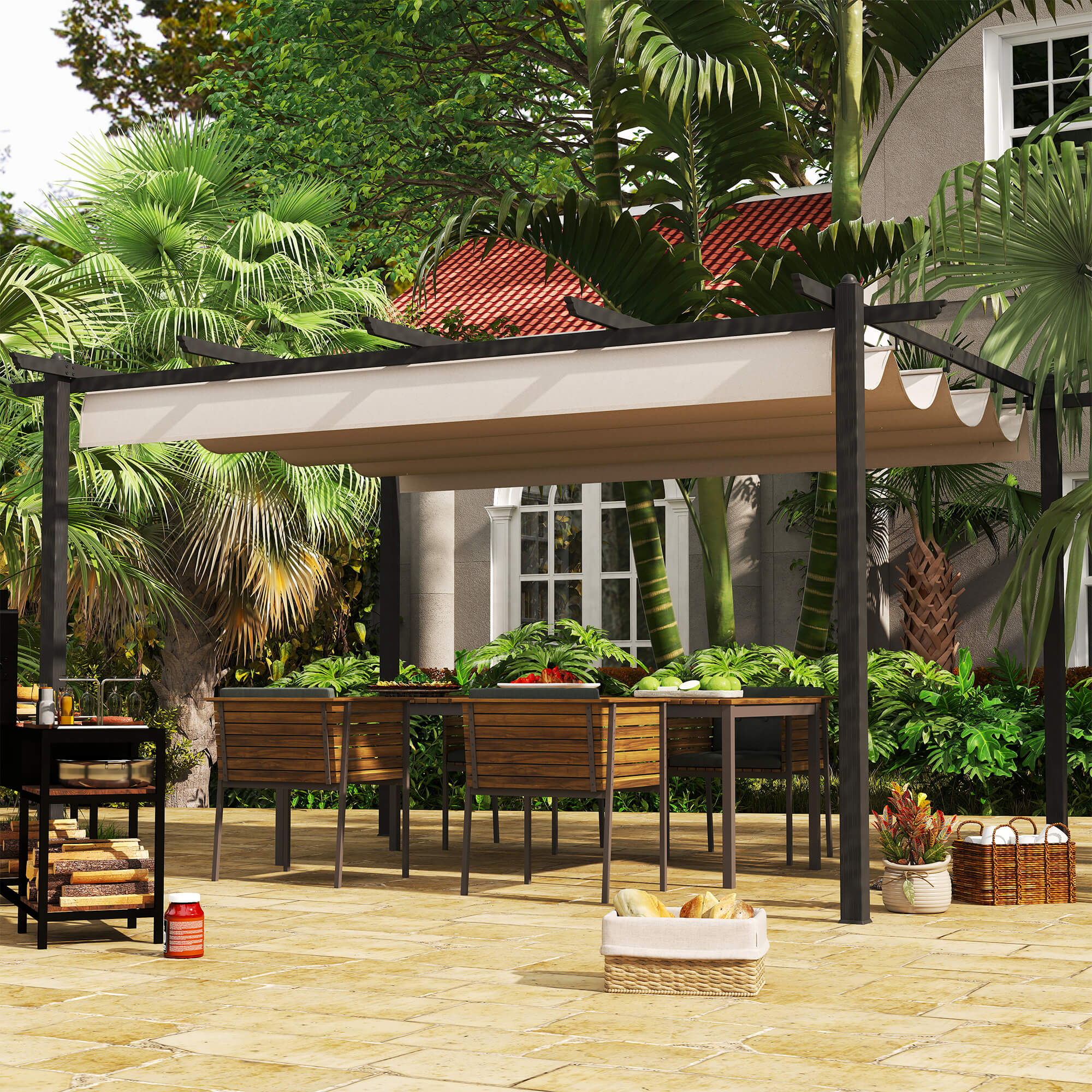 Kozy 4 x 3(m) Aluminium Pergola with Retractable Roof, Garden Gazebo Canopy Shelter for Outdoor, Patio, Cream White