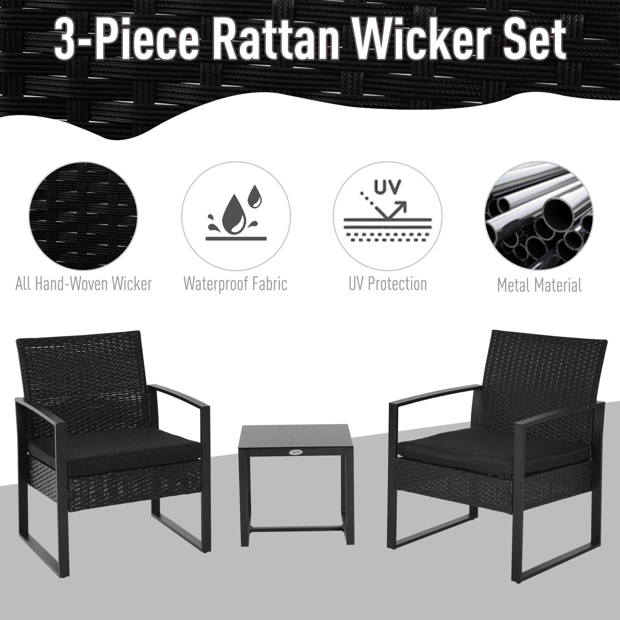 Outsunny Rattan Patio Set 2 Seater Wicker Bistro Set with Sofa, Coffee Table & Chairs, Conservatory Furniture, Black