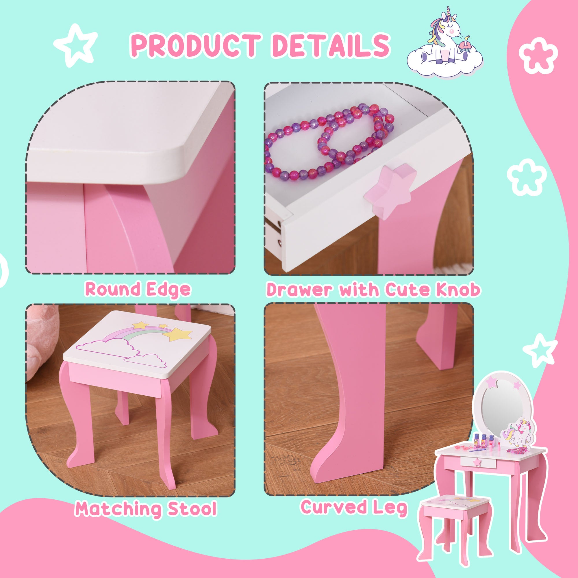 Kozy Kids Dressing Table with Mirror, Stool, Pink