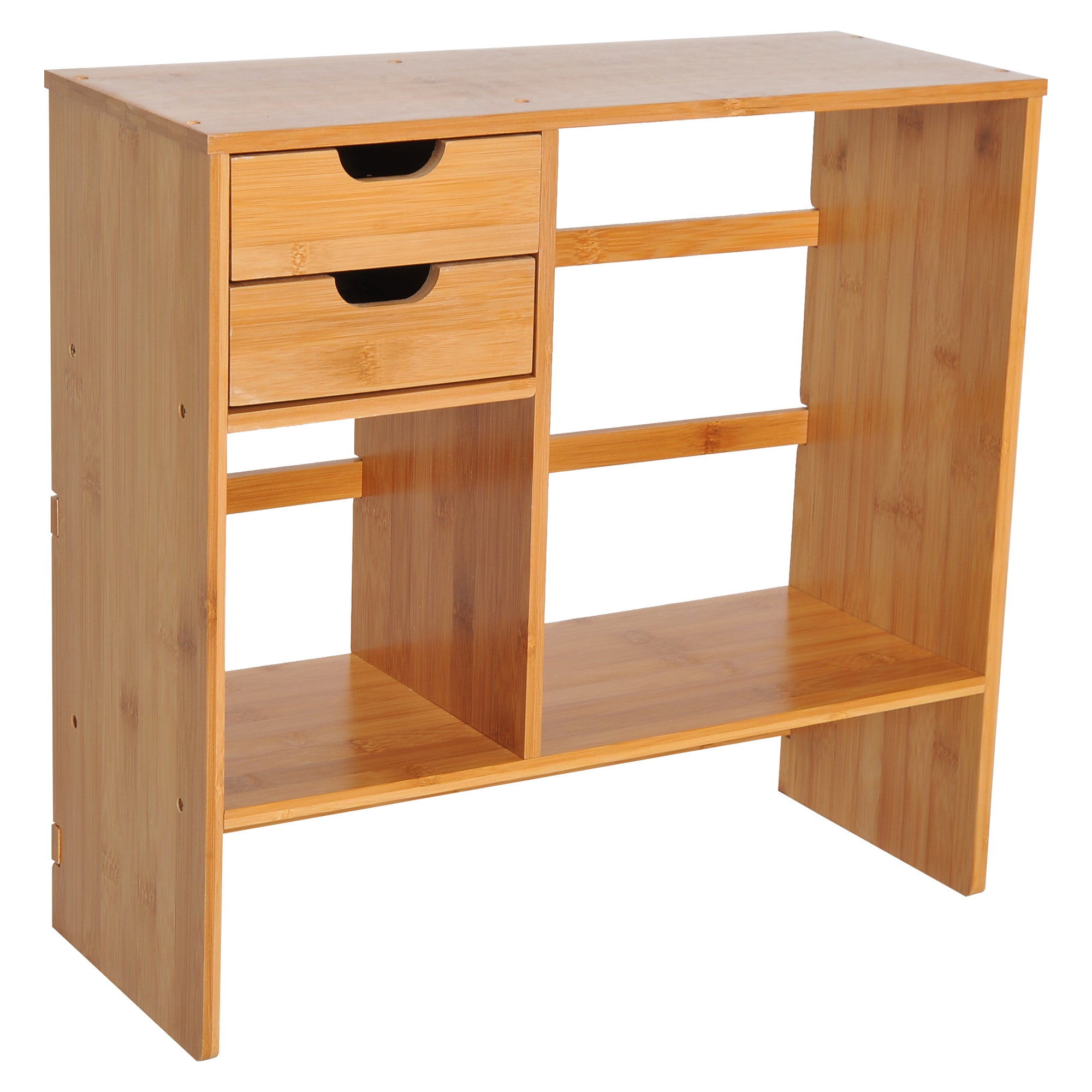 HOMCOM Desk Organiser, Bamboo Desktop Bookshelf with 2 Drawers and Stationery Storage, Reversible Use