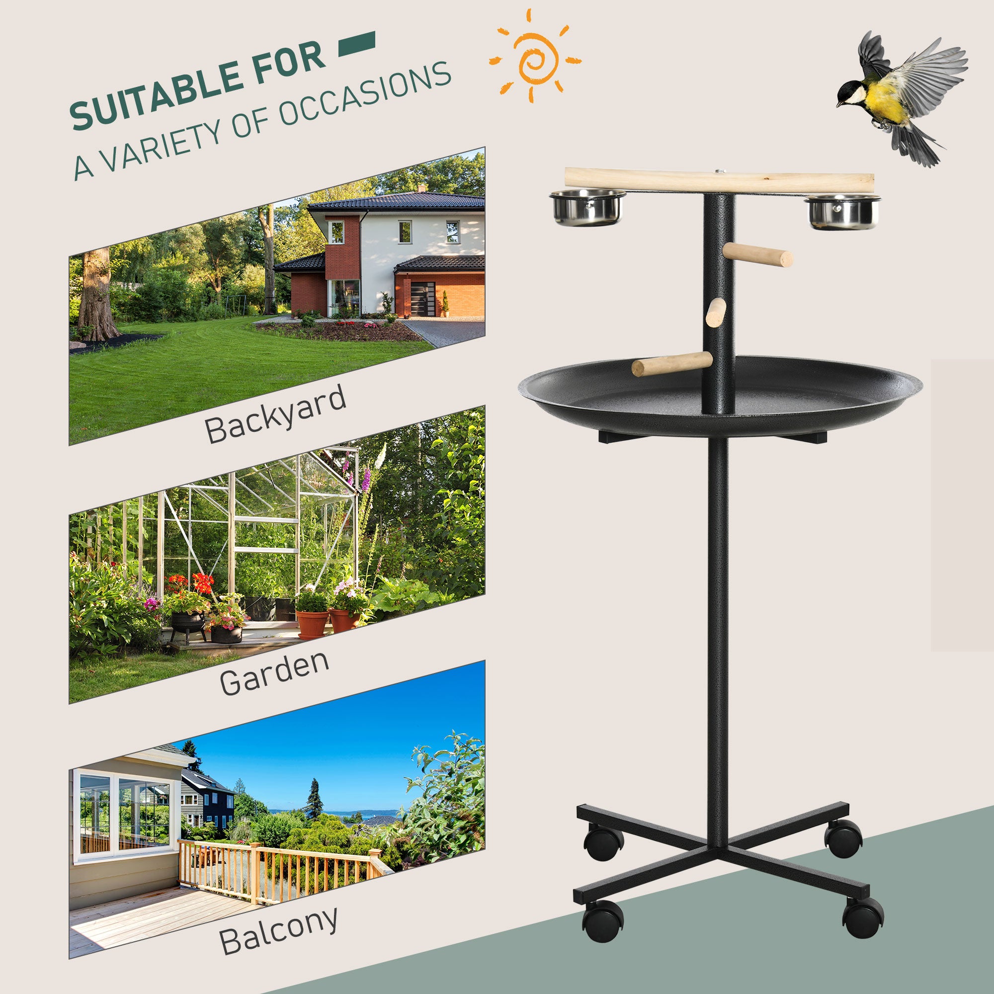Kozy Parrot Perch Stand, Large Bird Play Stand, Metal Bird Table Feeder Station with Stainless Steel Bowls, Four Wheels, Round Tray, Black