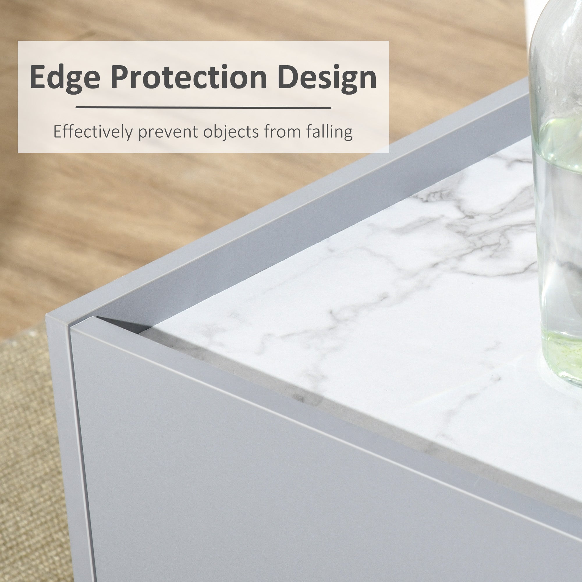 Kozy White Coffee Table with Faux Marble Top, 2-Tier Wood Center Table Sofa Table with Storage Drawer and Shelf for Home Living Room Reception Room