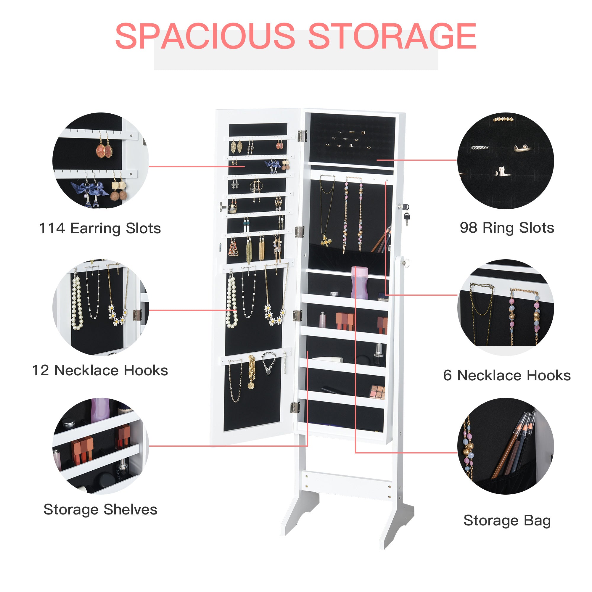 Kozy Jewelry Cabinet Standing Mirror Full Length Makeup Lockable Armoire Storage Organizer White