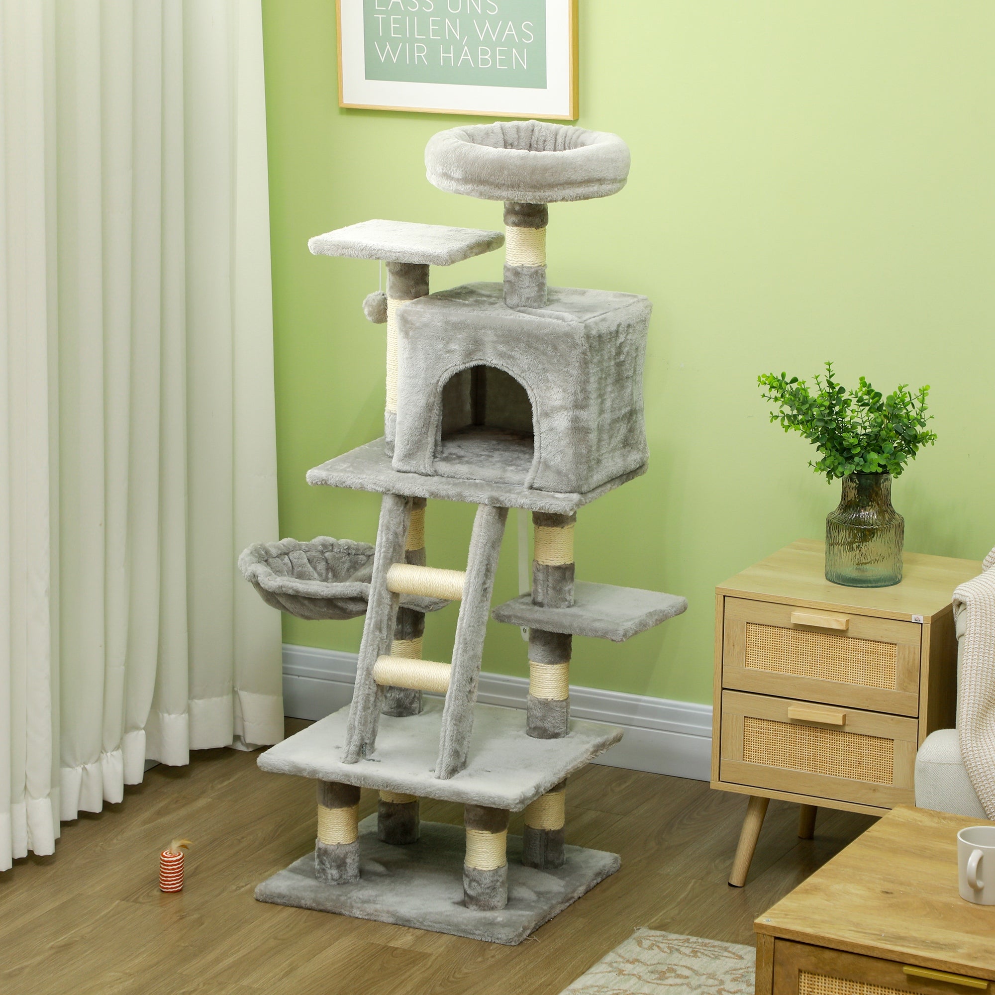 PawHut 1.2m Plush Cat Tree Activity Center with Sisal Scratching Posts Basket Perch Condo, Light Gray