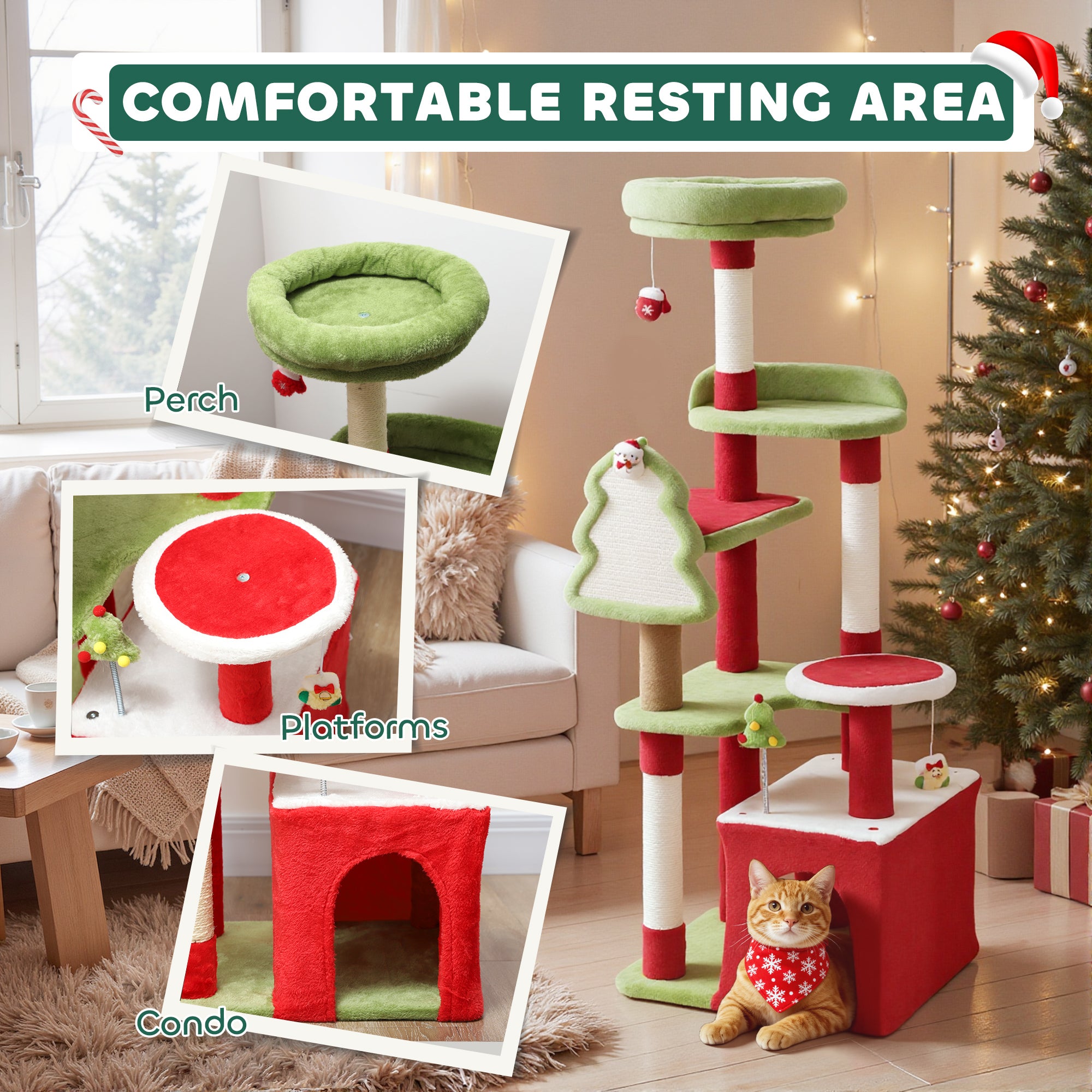 Kozy Cat Tree, 120cm Christmas Cat Tower with 3 Scratching Posts, Scratching Board, 2 Perches, Platforms, Toys, Green