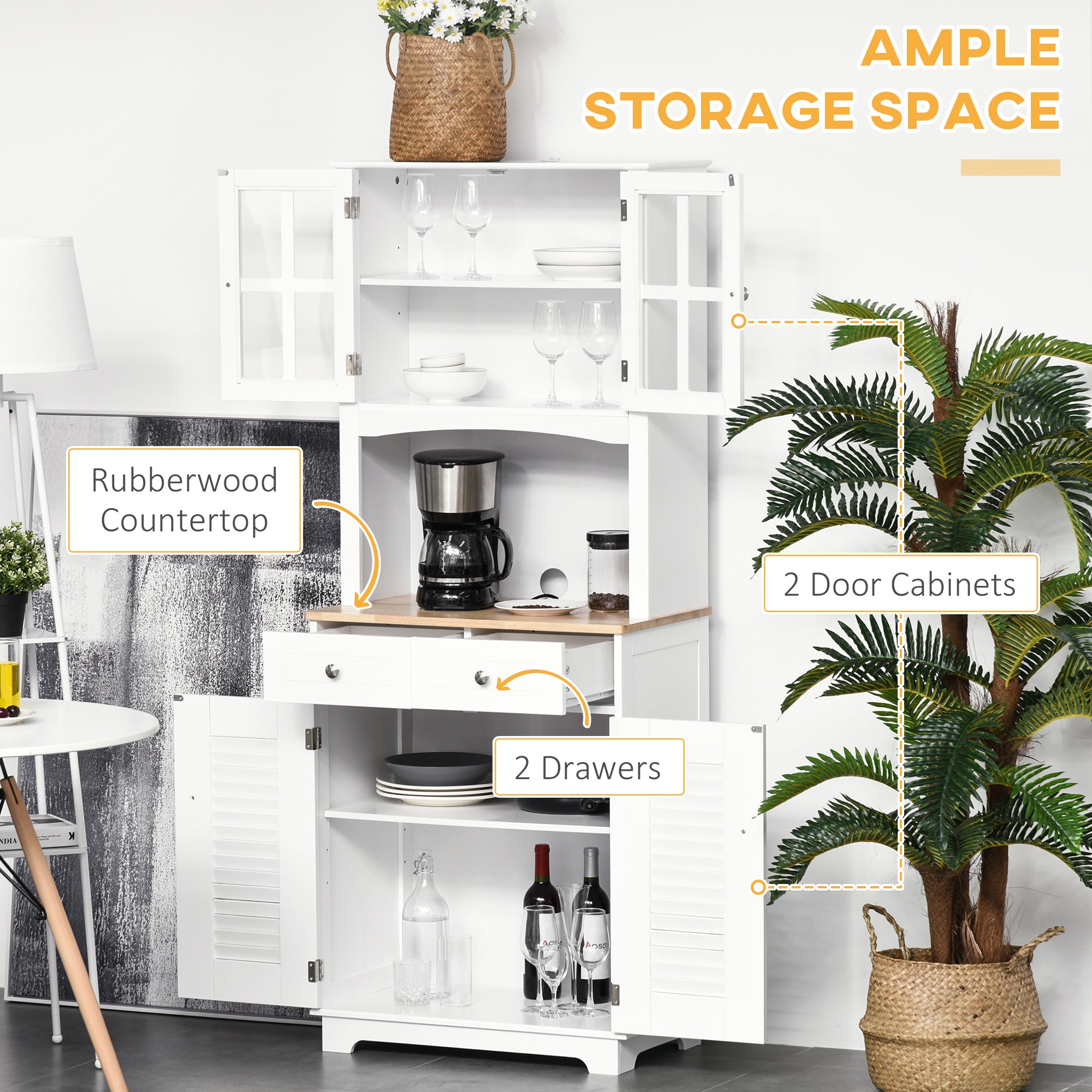 Kozy Modern Kitchen Cupboard, Louvered Kitchen Storage Cabinet with Framed Glass Doors and 2 Drawers, White