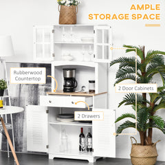 Kozy Modern Kitchen Cupboard, Louvered Kitchen Storage Cabinet with Framed Glass Doors and 2 Drawers, White