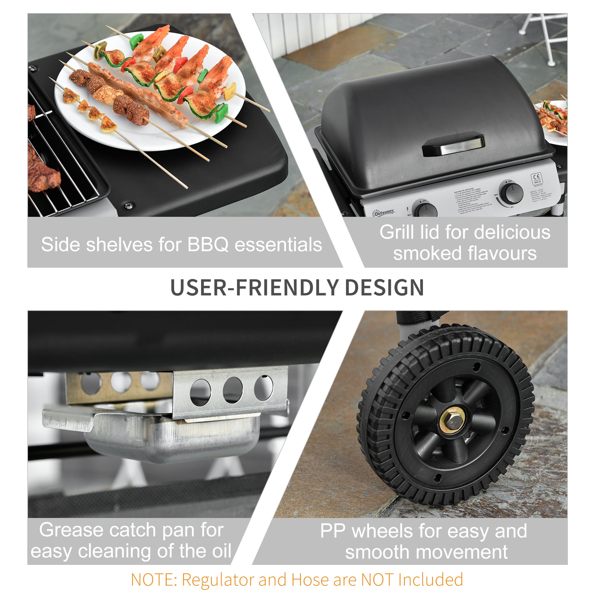 Kozy 2 Burner Gas BBQ Trolley with Lid, 5.6 kW Gas Barbecue Grill with Wheels, Side Shelves, Black