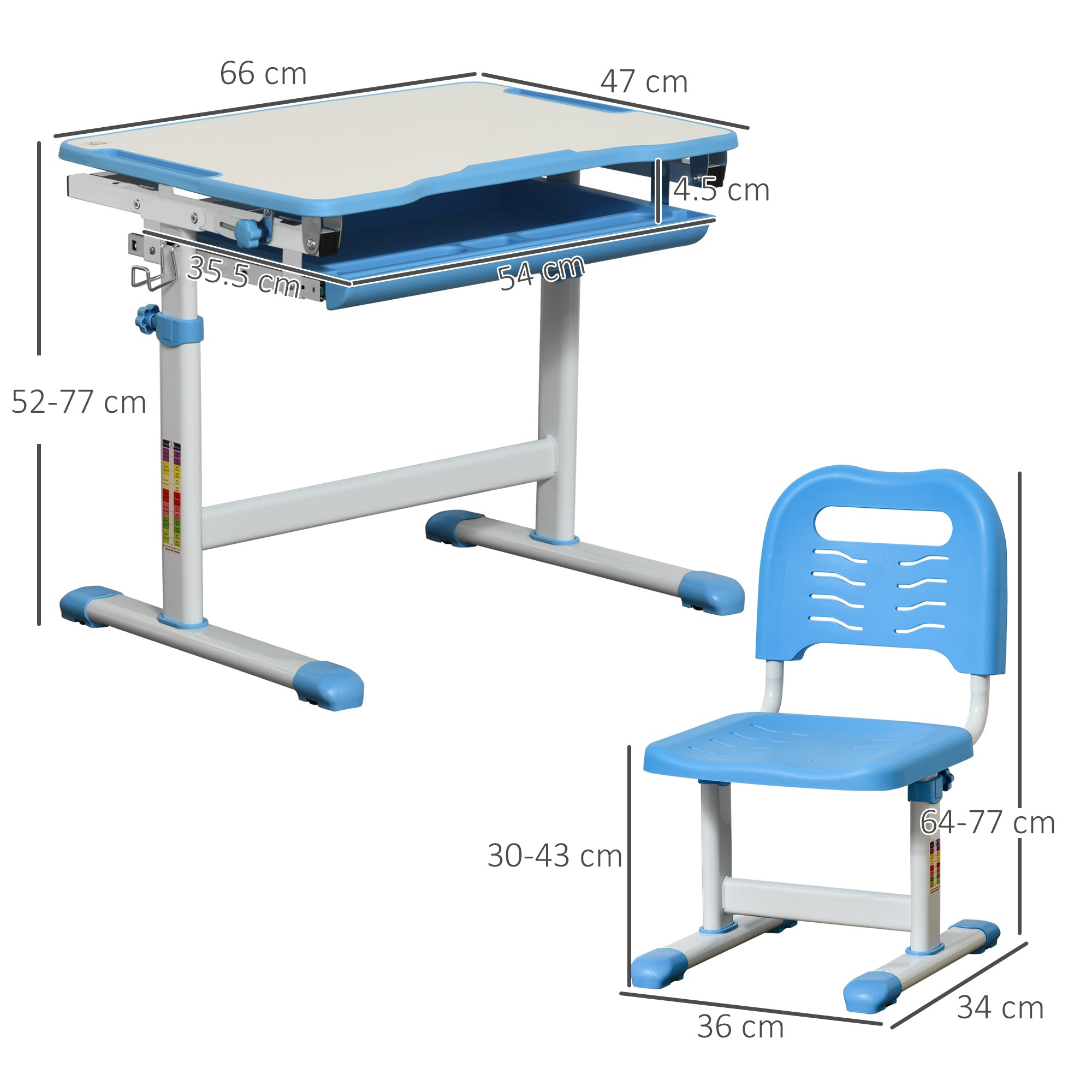 Kozy Kids Desk and Chair Set, Height Adjustable Student Writing Desk, Children School Study Table with Tiltable Desktop, Drawer, Pen Slot, Hook - Blue
