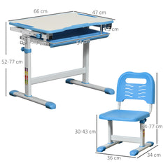 Kozy Kids Desk and Chair Set, Height Adjustable Student Writing Desk, Children School Study Table with Tiltable Desktop, Drawer, Pen Slot, Hook - Blue