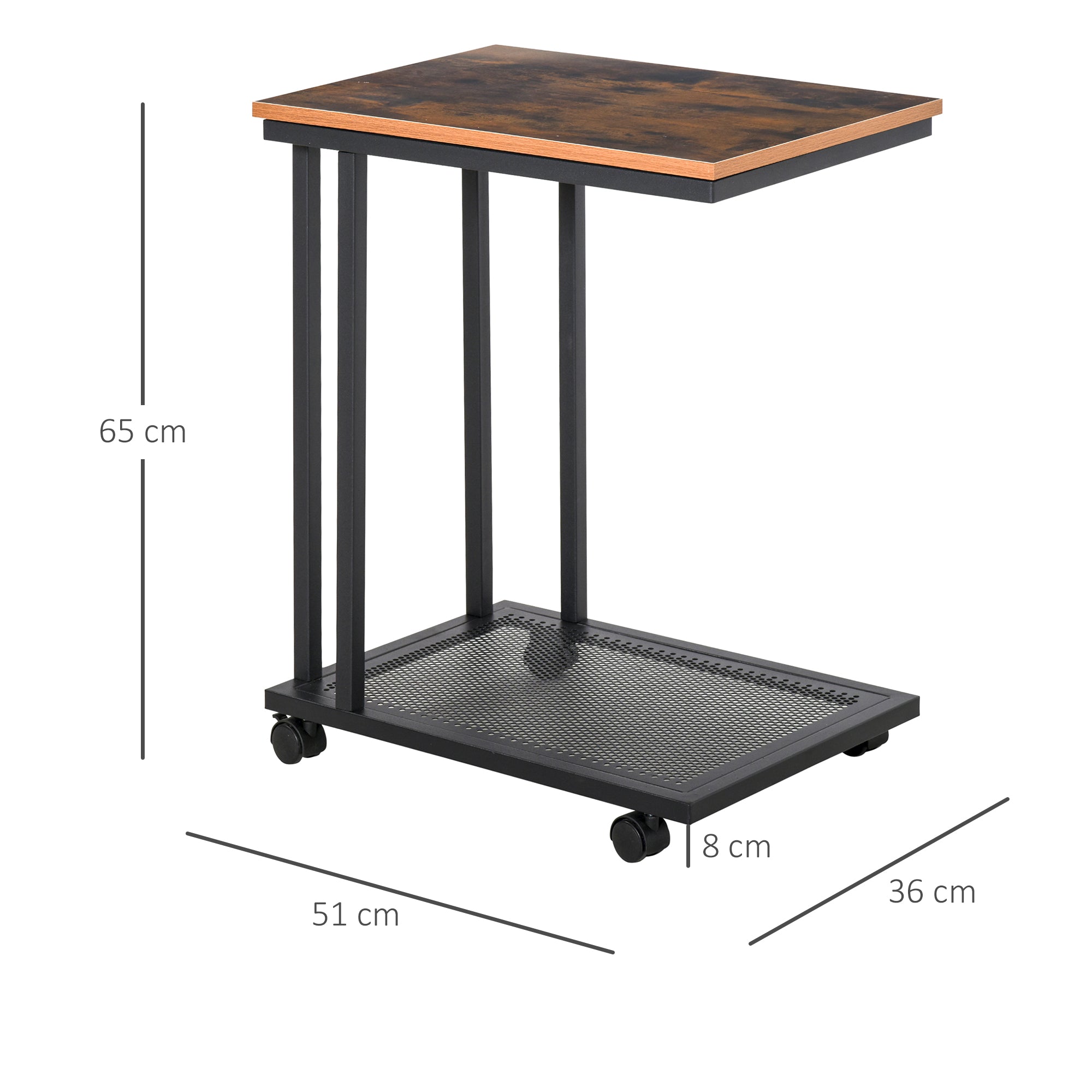 HOMCOM Sofa Side End Table, Mobile Coffee Table, Laptop Stand with Rolling Castors, Metal Frame, Storage Wooden Trolley.