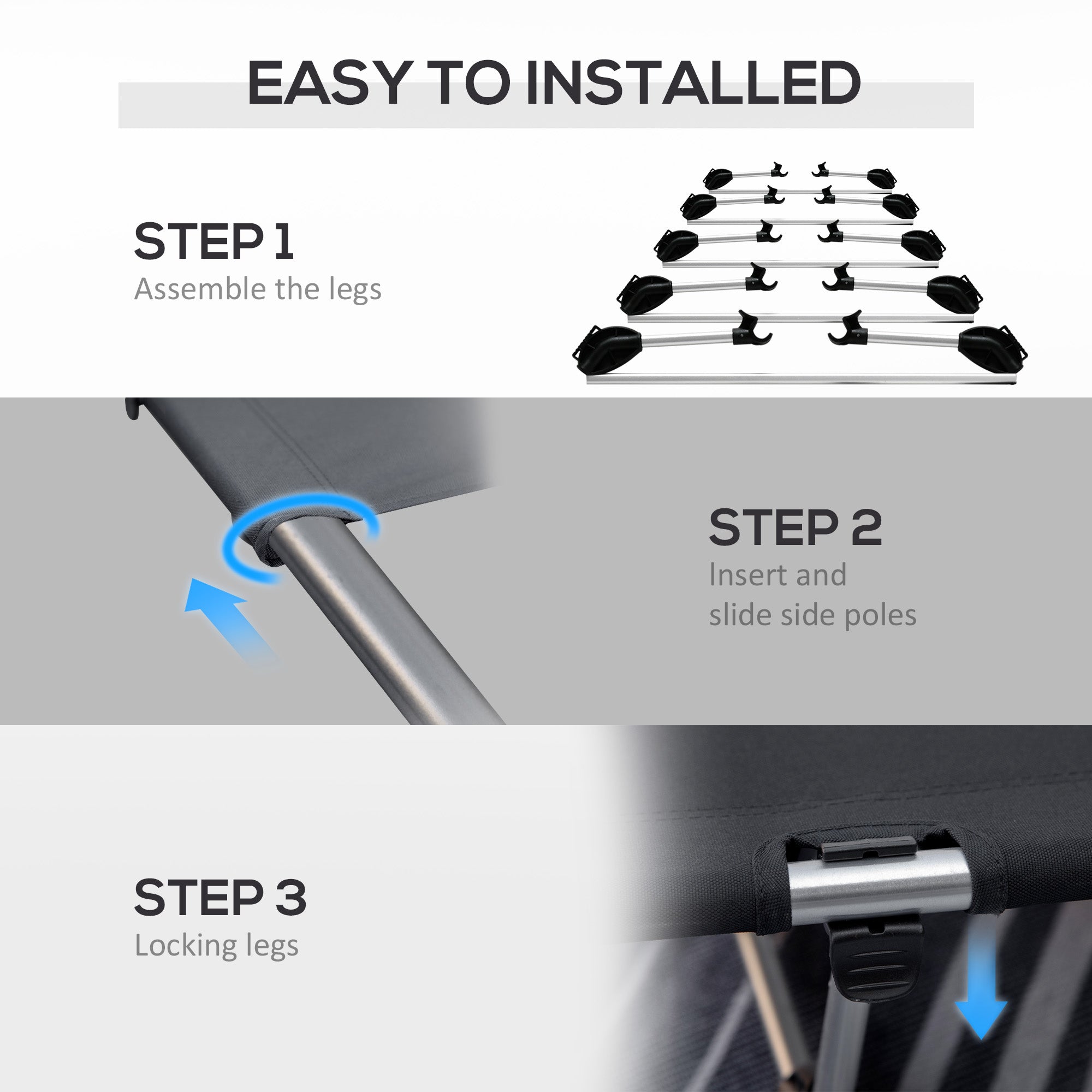 Kozy Lightweight Camping Bed, Aluminium Portable Camp Cot w/ Strong Support 150kg and Carry Bag for Camping, Black