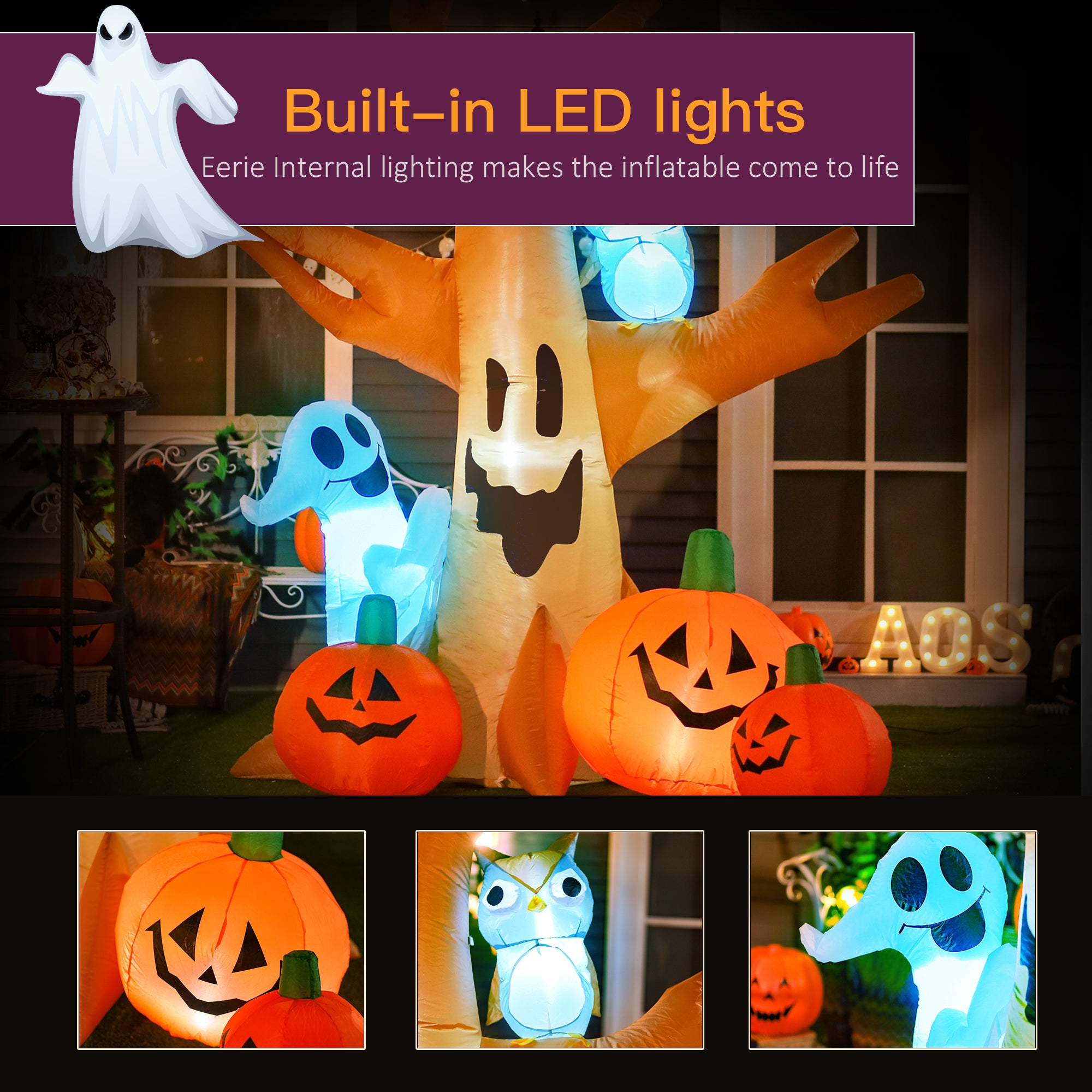 Kozy 240cm Large Halloween Scary Lighting Inflatable Tree Ghost 3 Pumpkins Owl 4 LED Indoor Outdoor Holiday Decoration