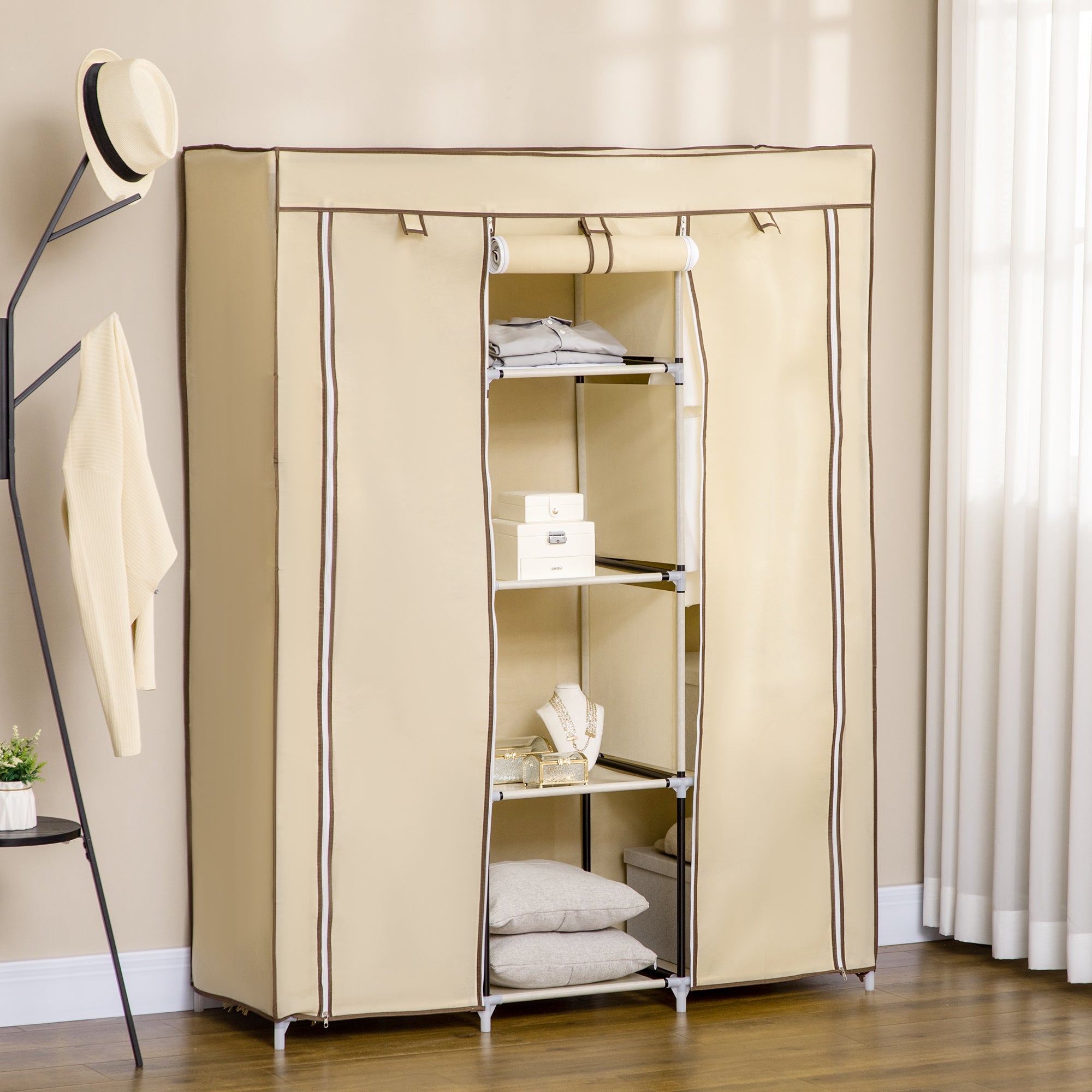Kozy Fabric Wardrobe, with Rails and Shelves - Cream White