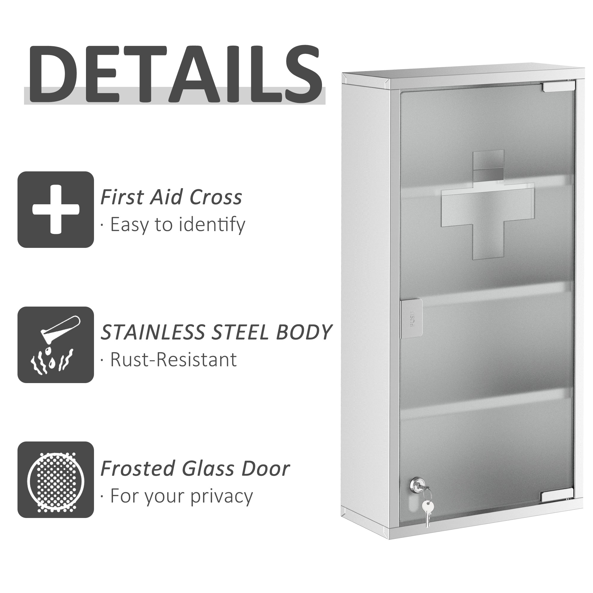 HOMCOM Stainless Steel Medicine Cabinet, 4 Tier Wall Mounted with Glass Lockable Door, Storage Shelves, 60Hx30Wx12D(cm)