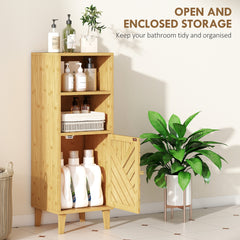 Kozy - Slim Bathroom Cabinet with Bamboo Door and Legs, Narrow Bathroom Storage Cabinet, Freestanding Storage Cupboard with Open Compartments, 32 x 30 x 90 cm, Natural Wood Finish
