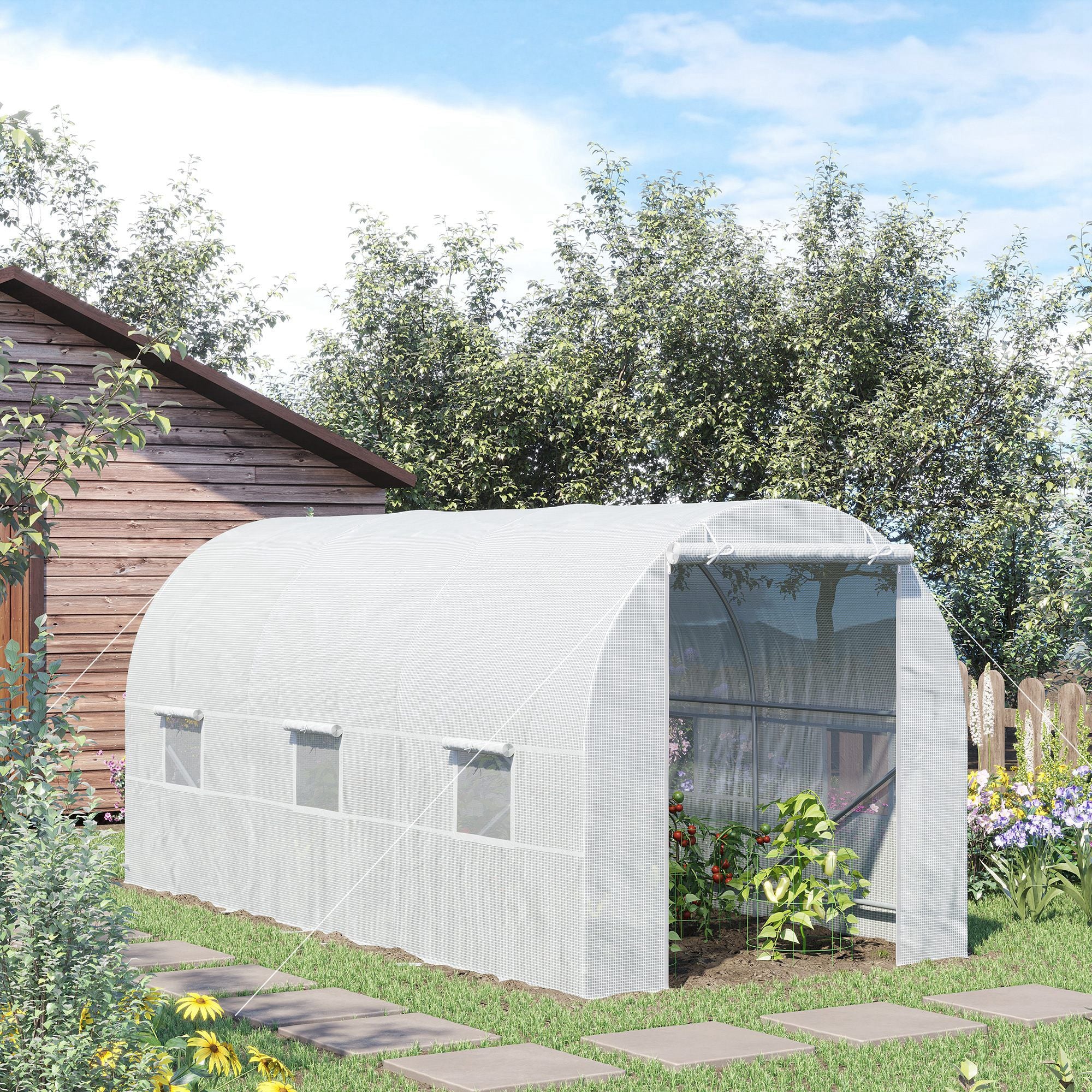 Kozy 4.5 x 2 x 2 m Polytunnel Greenhouse, Walk-in Green House for Garden with Mesh Windows, Galvanised Steel Frame, White