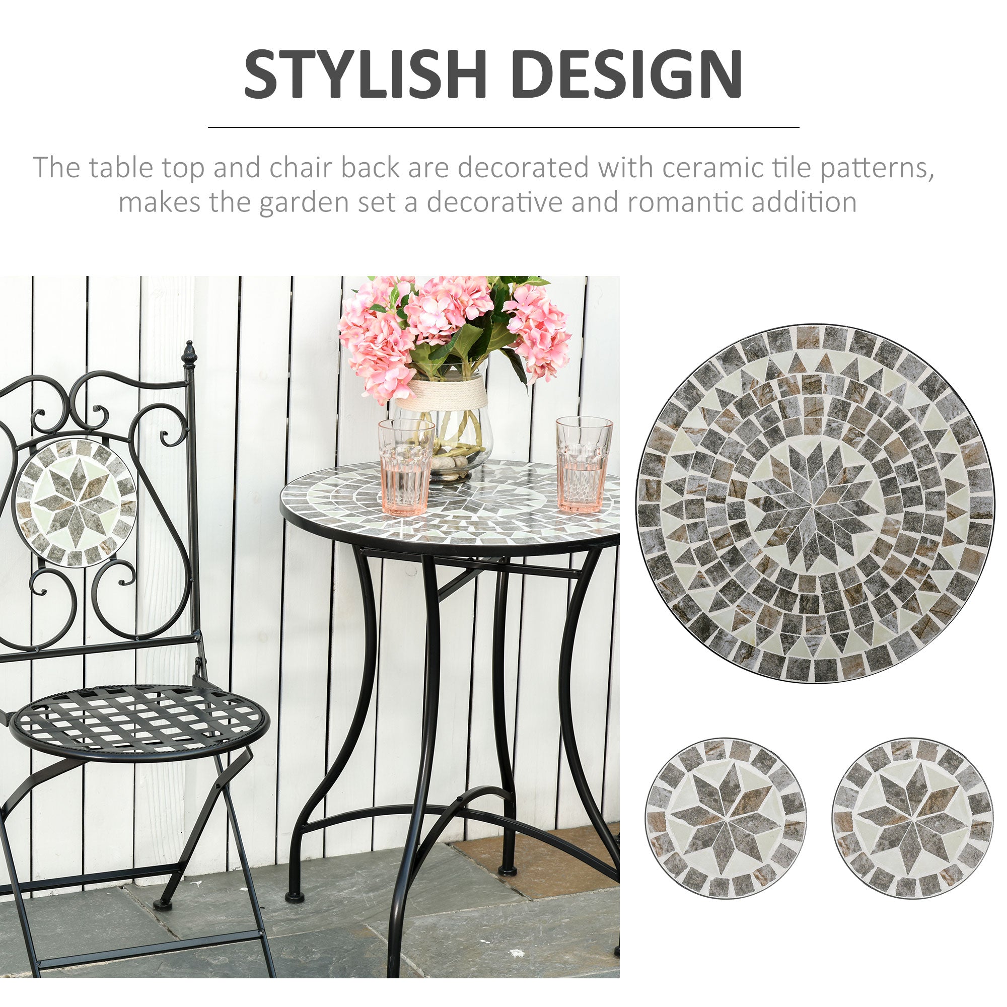 Kozy 3 Pcs Mosaic Tile Garden Bistro Set Outdoor Seating w/ Table 2 Folding Chairs Set Metal Frame Elegant Scrolling Indoor Patio Balcony