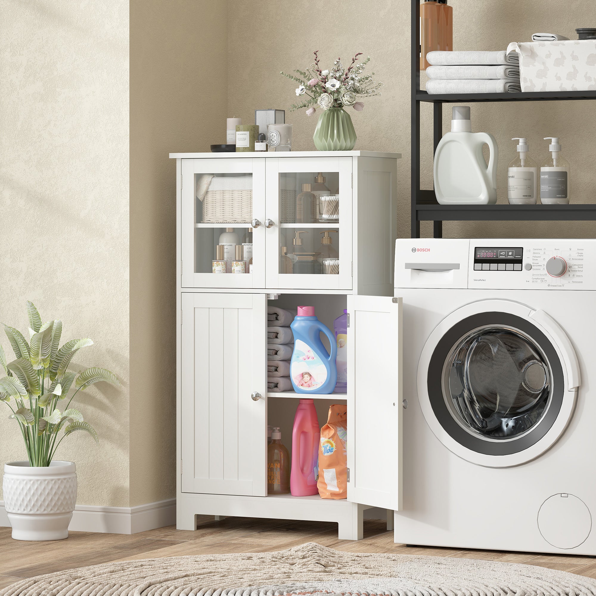 Kozy Bathroom Floor Cabinet, Freestanding Kitchen Cupboard with 2 Drawers, Adjustable Shelves and Tempered Glass Door, Wooden  Storage Unit for Living Room Kitchen Hallway