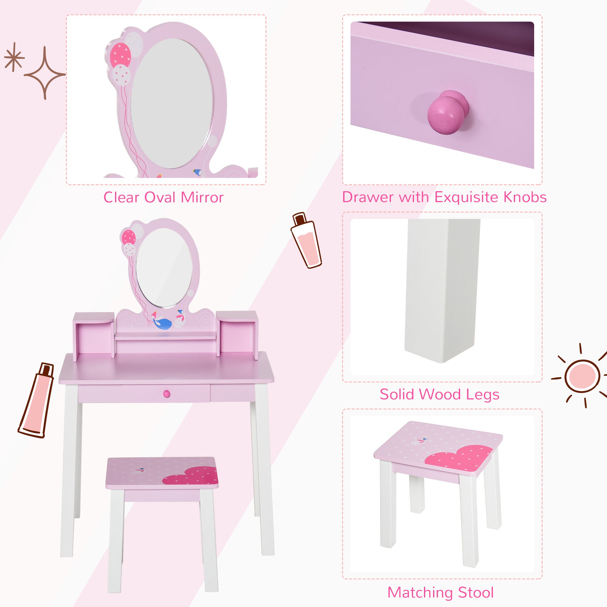 HOMCOM 2 PCS Kids Wooden Dressing Table and Stool Girls Vanity Table Makeup Table Set with Mirror Drawers Role Play for Toddlers 3 Year+, Pink White