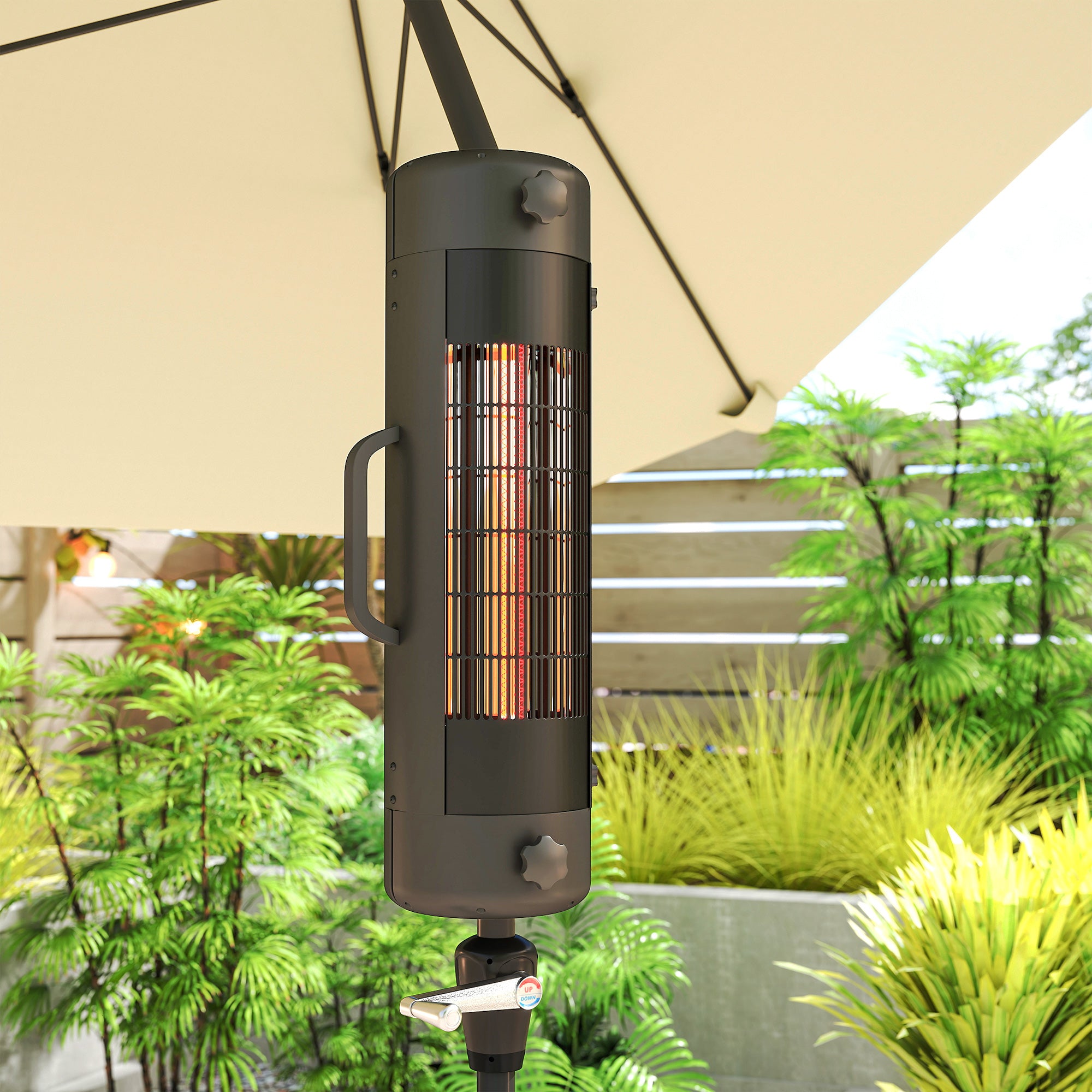 Kozy - Electric Umbrella Parasol Mounted Patio Heater for 25-70 mm Poles, 2000 W Outdoor Garden Heater with 2 Heat Setting, 6 ㎡ Coverage, Tip-Over Protection, Black