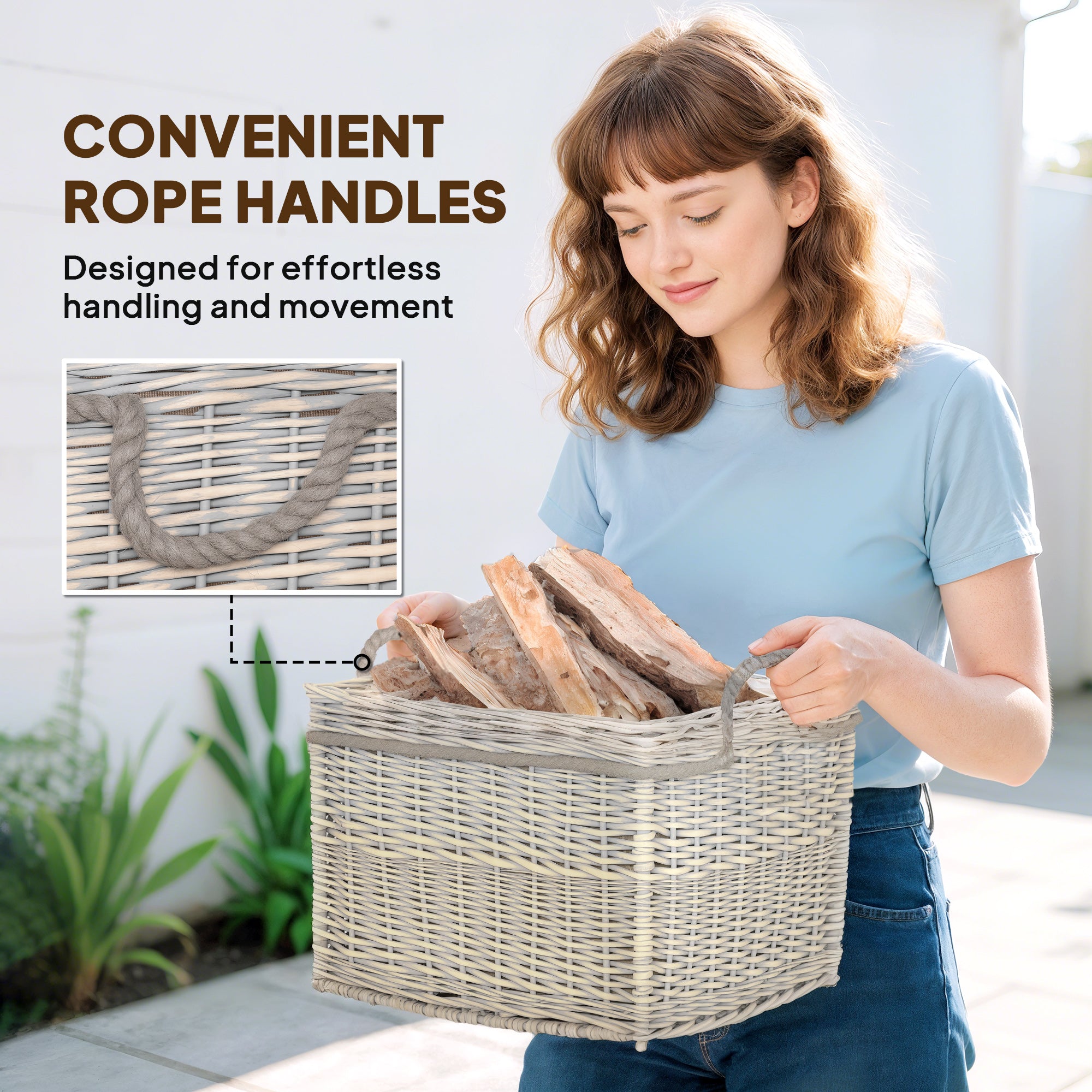 Kozy - Set of 3 Log Baskets for Wood Burner Indoor, Round Storage Basket with Lining and Rope Handles for Fireside Storage, Blankets, Beige