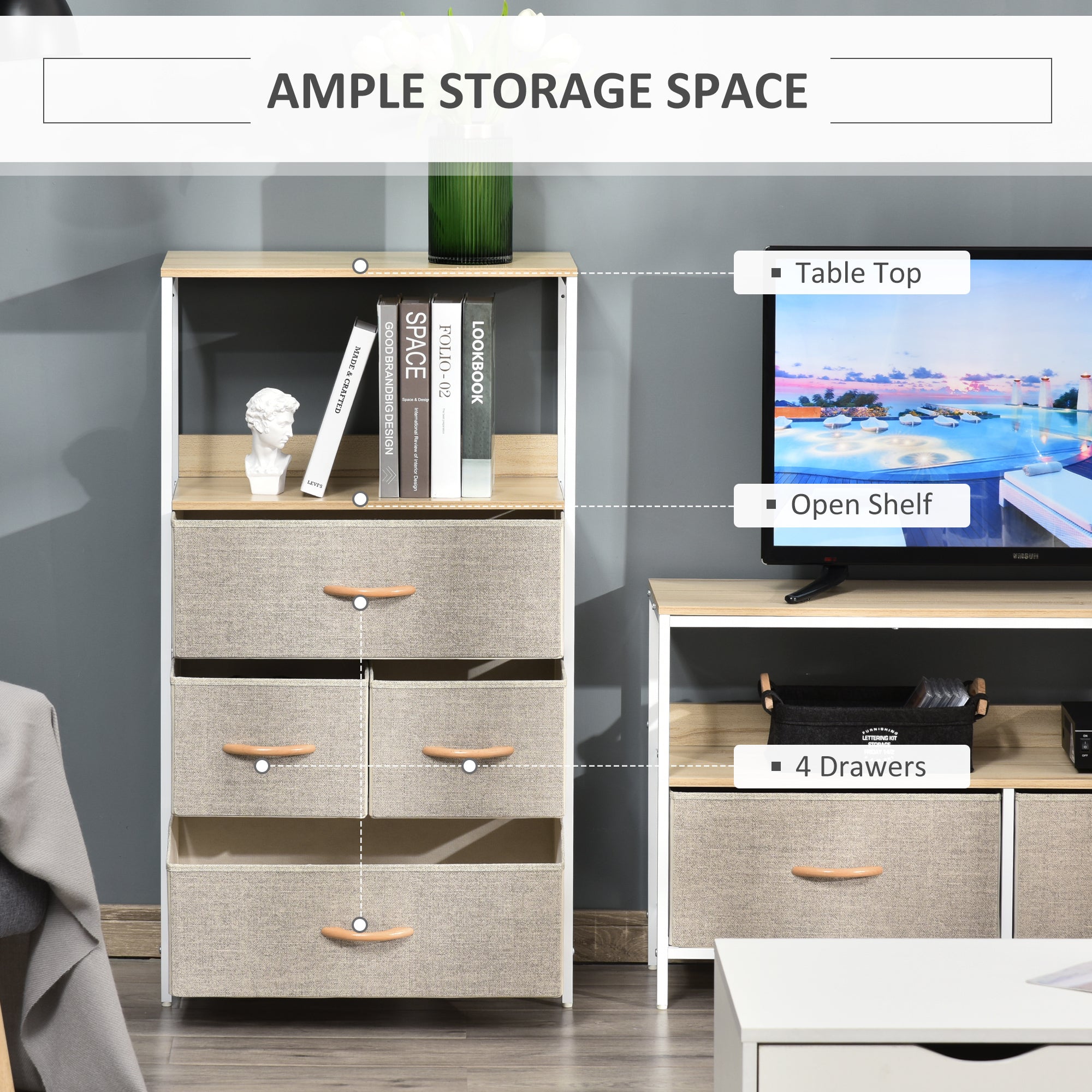 Kozy 4 Drawer Storage Chest Unit Home Cabinet w/ Shelves Home Living Room Bedroom Entryway Living Furniture, Light Grey