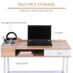 HOMCOM Writing Desk, Computer Workstation with Drawer, Storage Compartments, Cable Management, Metal Frame, Oak and White