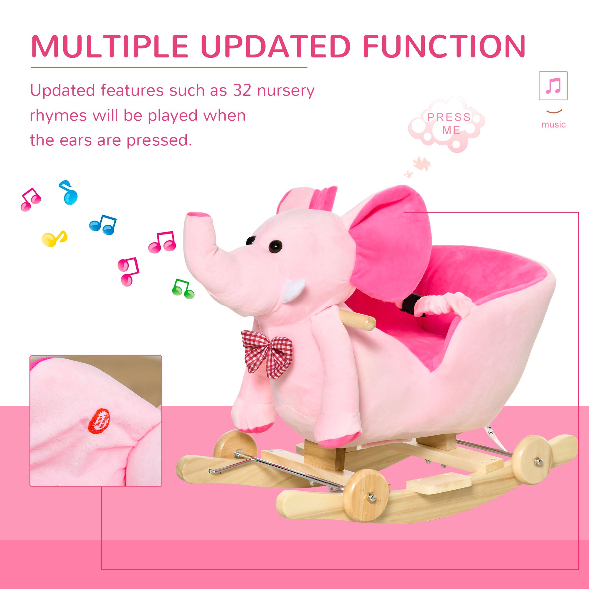 HOMCOM 2 In 1 Plush Baby Ride on Rocking Horse Elephant Rocker with Wheels Wooden Toy for Kids 32 Songs (Pink)