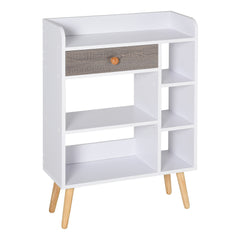 HOMCOM Multi-Shelf Modern Bookcase Freestanding Storage w/ Drawer 6 Shelves Wood Legs Home Office Display Furniture Stylish White Grey | Aosom UK