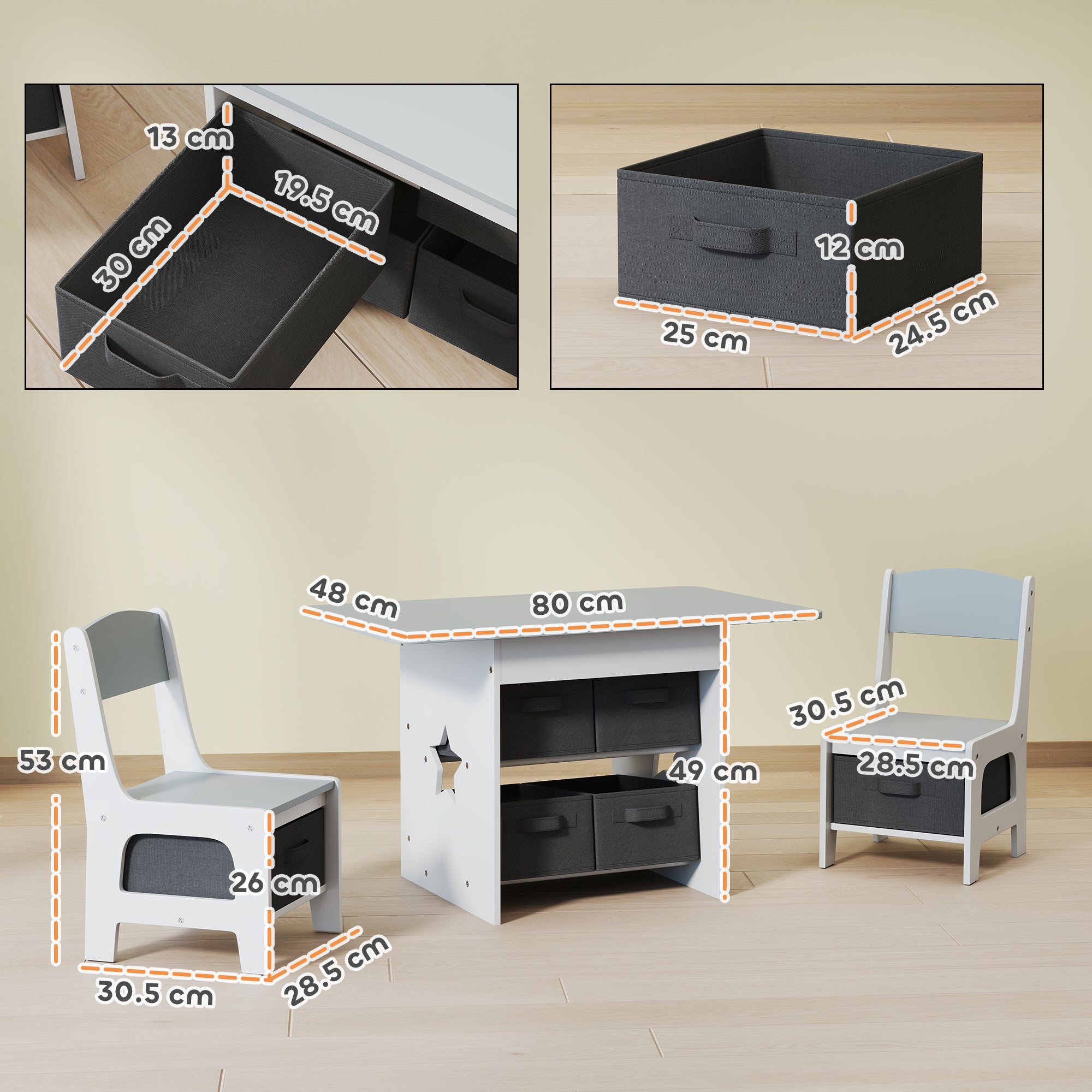 Kozy Kids Table and Chair Set, Toddler Table and 2 Chairs Set with 6 Removable Drawers, for Boys Girls Ages 3-8, Light Grey