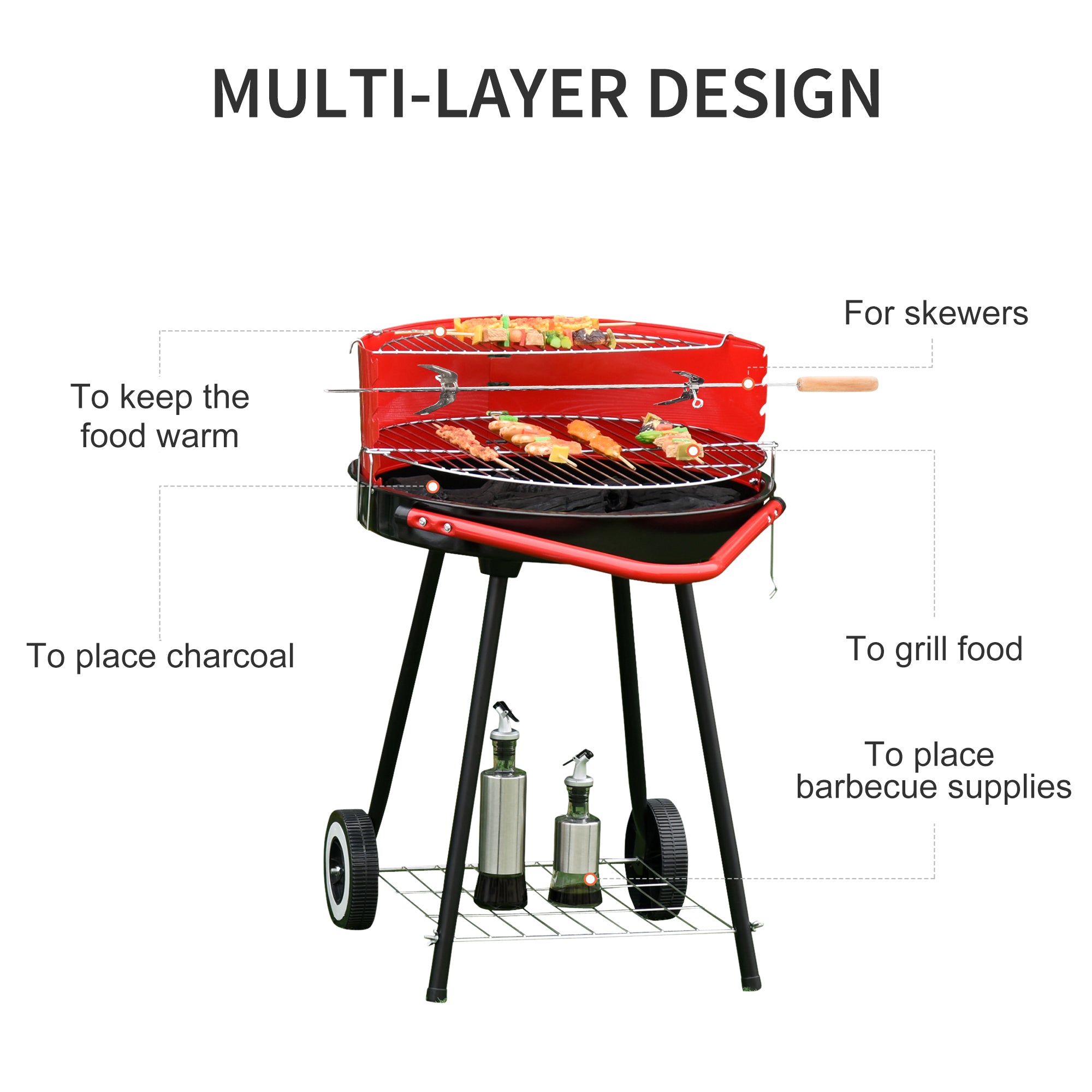 Outsunny Charcoal Barbecue Grill Garden BBQ Trolley w/ Adjustable Grill Pan Height, Wheels and 3 layers, Red